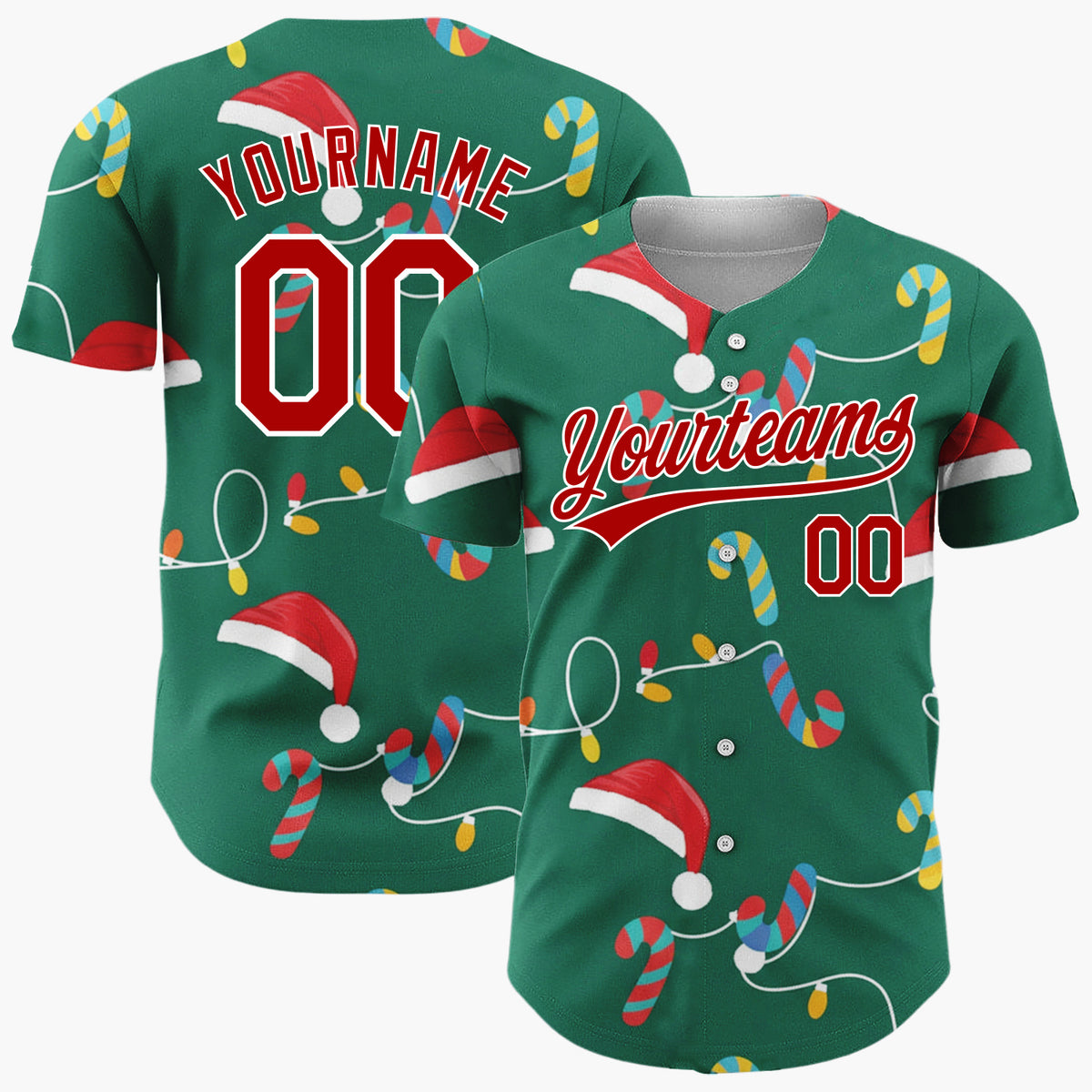 Custom Green Red Yellow Candy Canes Santa Hats And Lights Merry Christmas Baseball Jersey