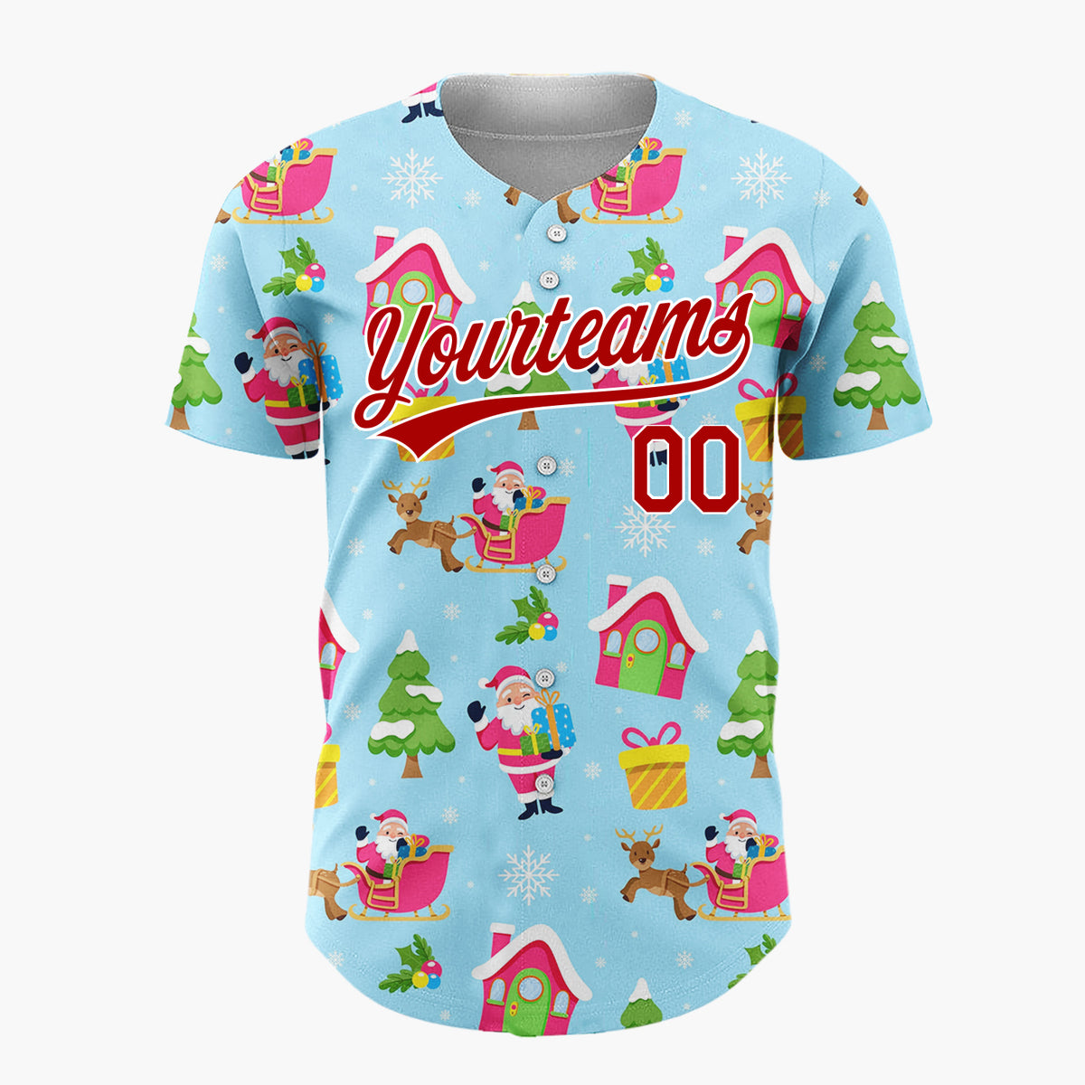 Custom Light Blue Santas Sleighs And Trees Joyful Christmas Baseball Jersey