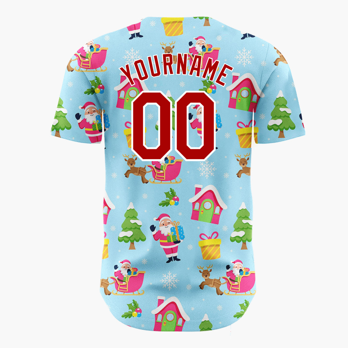 Custom Light Blue Santas Sleighs And Trees Joyful Christmas Baseball Jersey