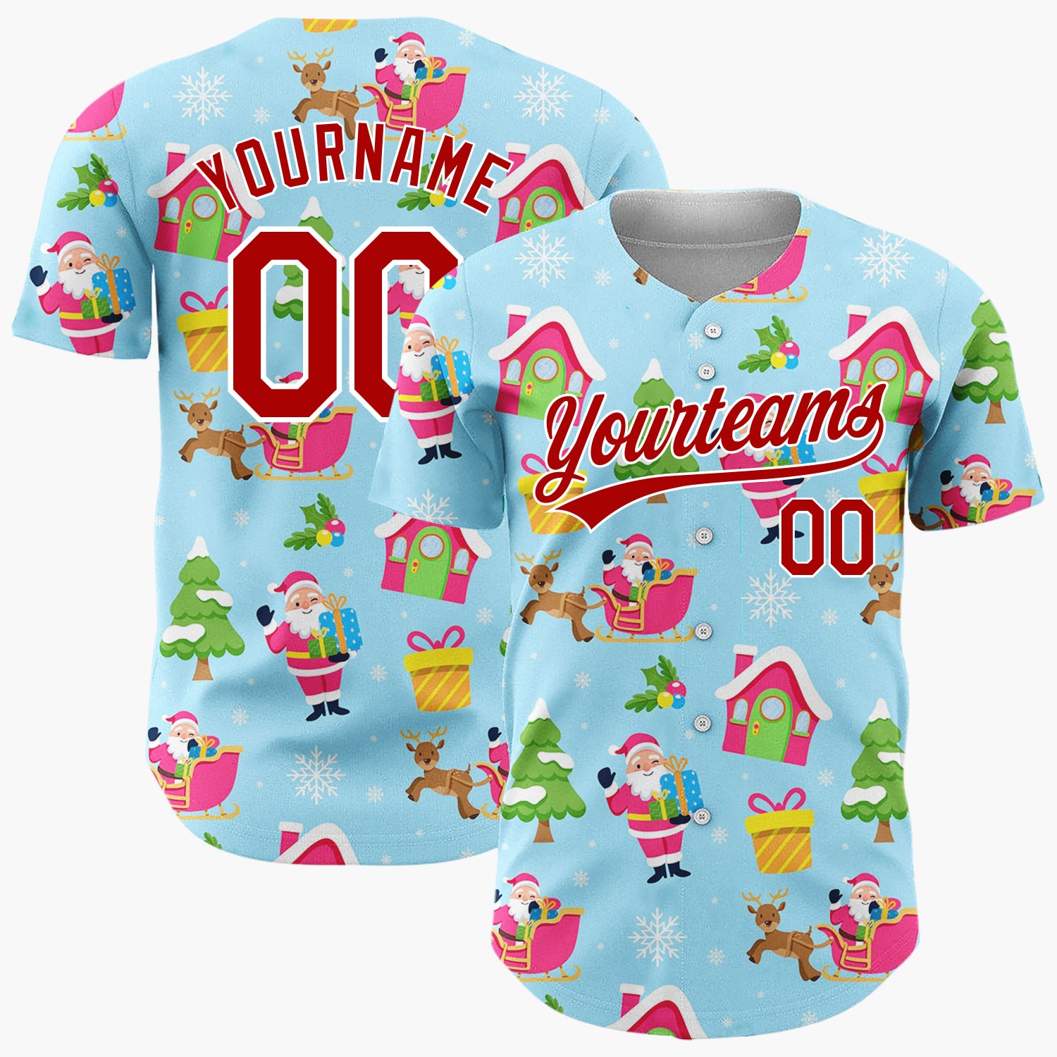 Custom Light Blue Santas Sleighs And Trees Joyful Christmas Baseball Jersey