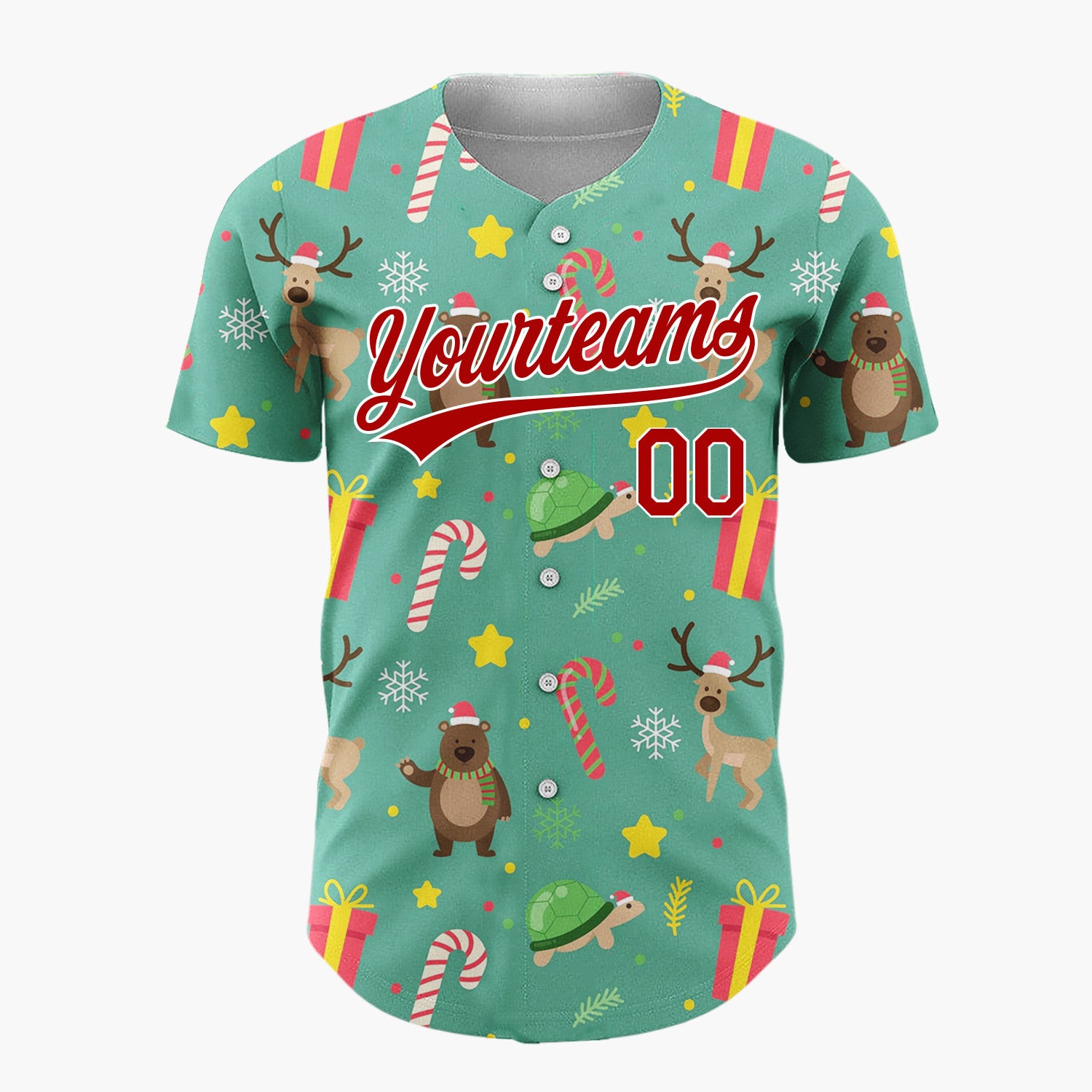 Custom Green Red Yellow Bears Deers And Gifts Cute Holiday Pattern Christmas Baseball Jersey
