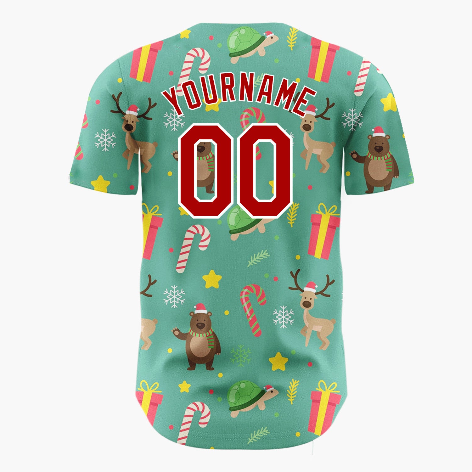 Custom Green Red Yellow Bears Deers And Gifts Cute Holiday Pattern Christmas Baseball Jersey