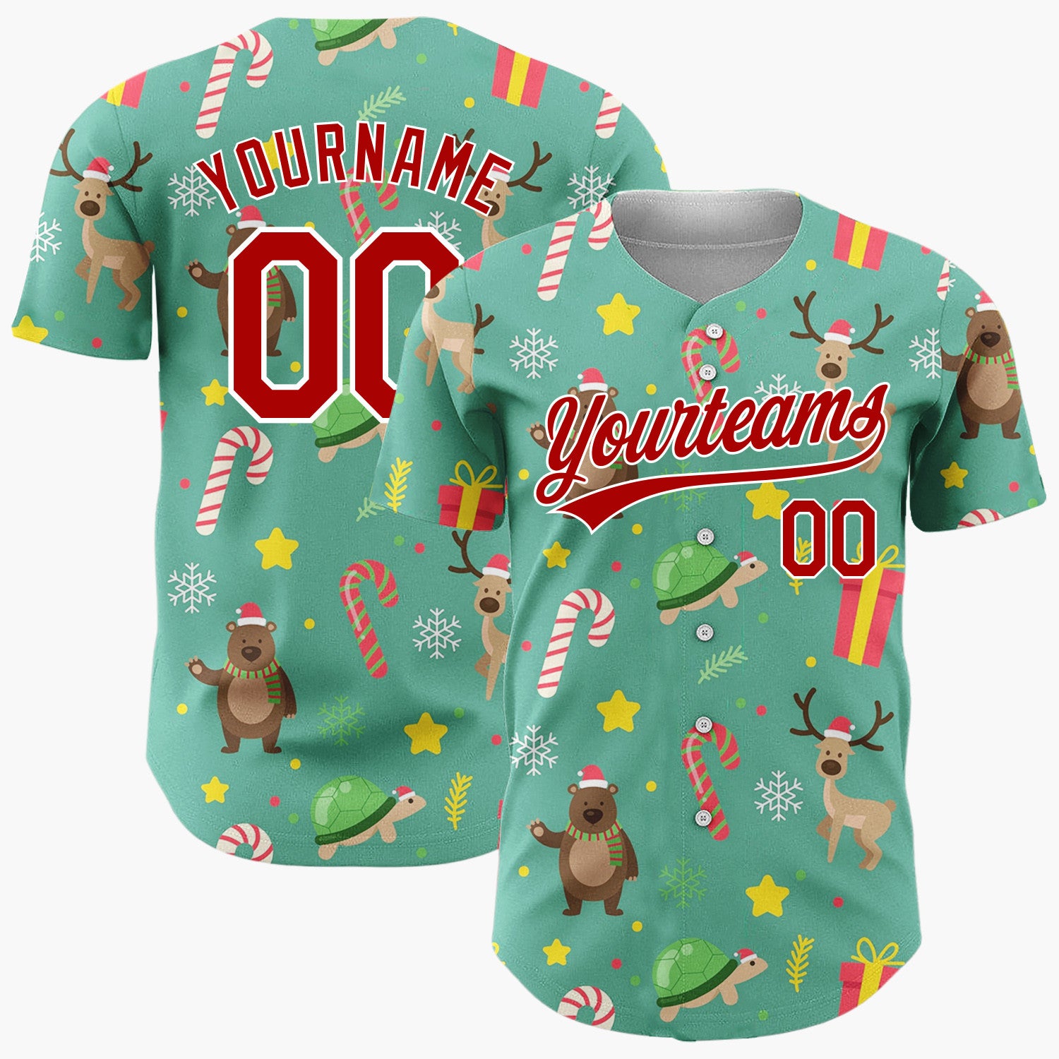 Custom Green Red Yellow Bears Deers And Gifts Cute Holiday Pattern Christmas Baseball Jersey