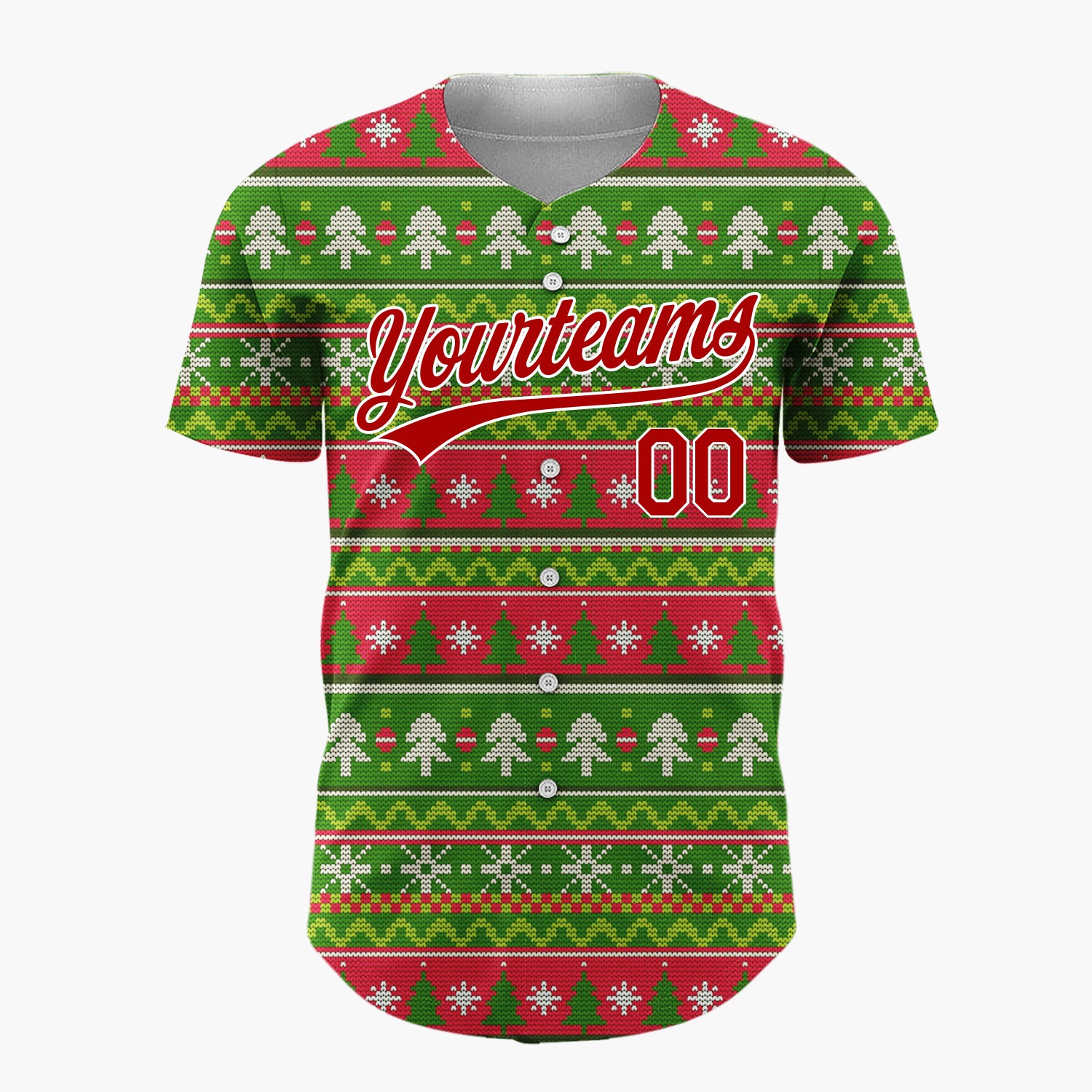 Custom Green Red White Trees And Snowflakes Knitted Christmas Baseball Jersey