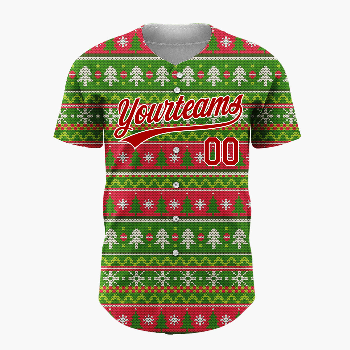 Custom Green Red White Trees And Snowflakes Knitted Christmas Baseball Jersey