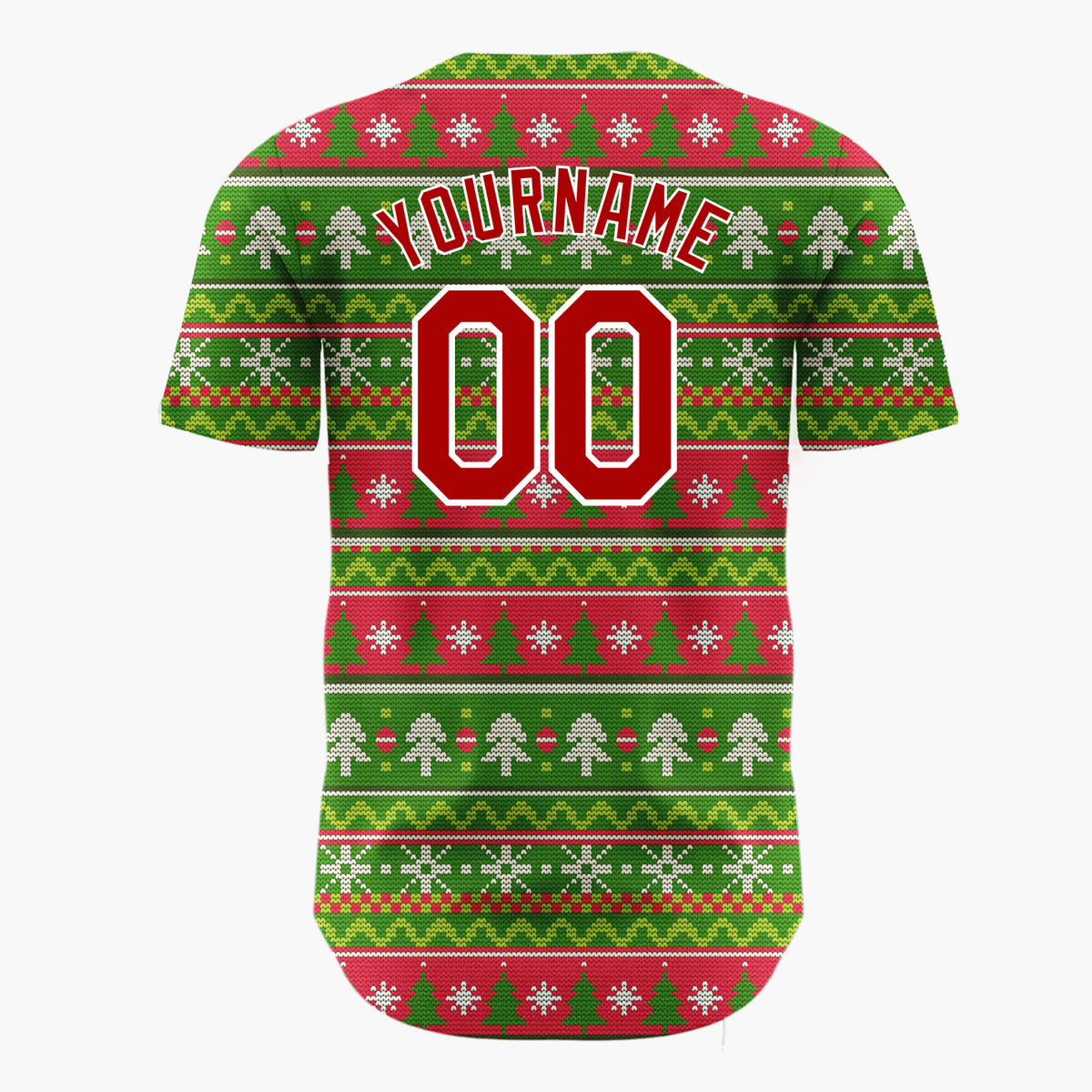 Custom Green Red White Trees And Snowflakes Knitted Christmas Baseball Jersey