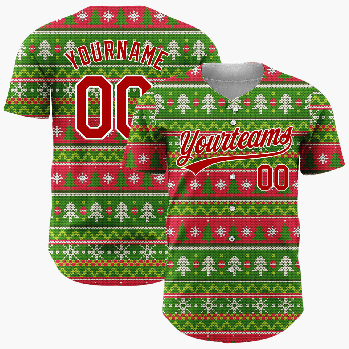 Custom Green Red White Trees And Snowflakes Knitted Christmas Baseball Jersey