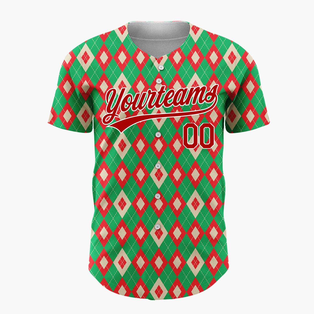 Custom Green Red Cream Diamond Argyle Christmas Baseball Jersey