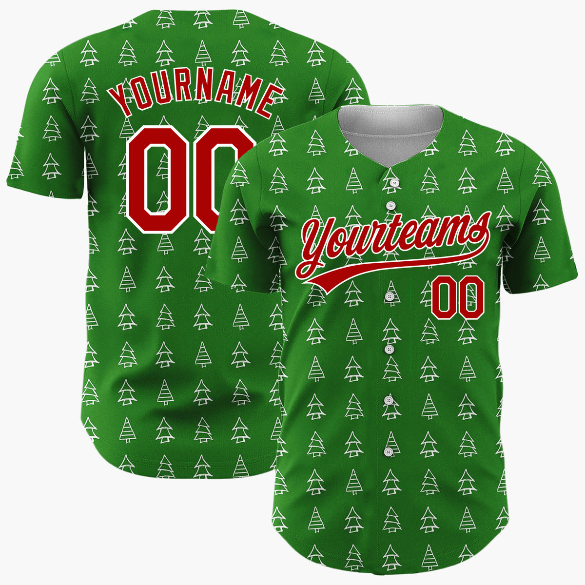 Custom Green White Doodle Christmas Trees Simple Line Patter Christmas Baseball Jersey