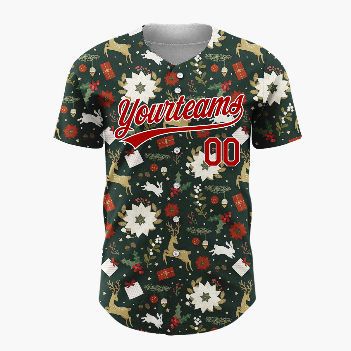 Custom Dark Green Reindeer Cozy Winter Christmas Cartoon Pattern Christmas Baseball Jersey