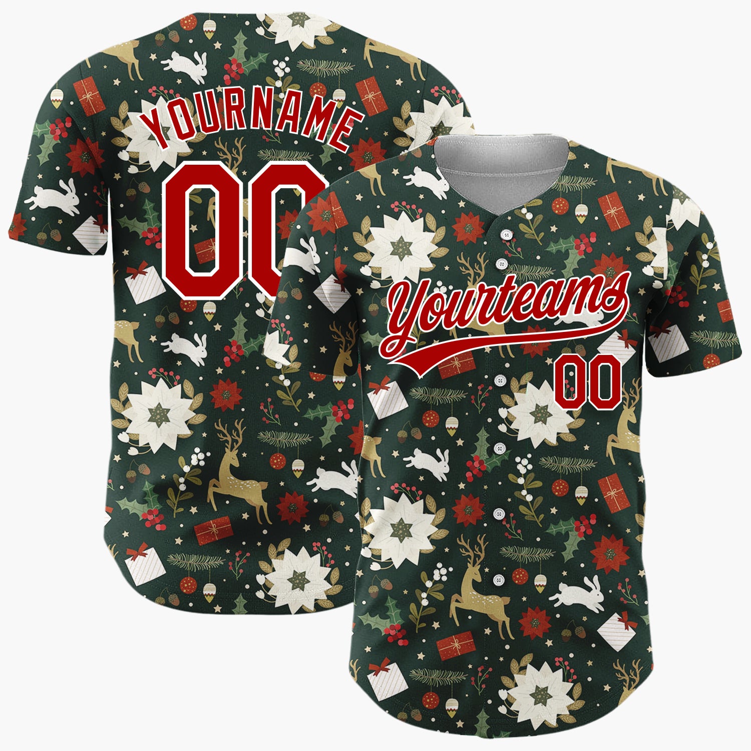 Custom Dark Green Reindeer Cozy Winter Christmas Cartoon Pattern Christmas Baseball Jersey
