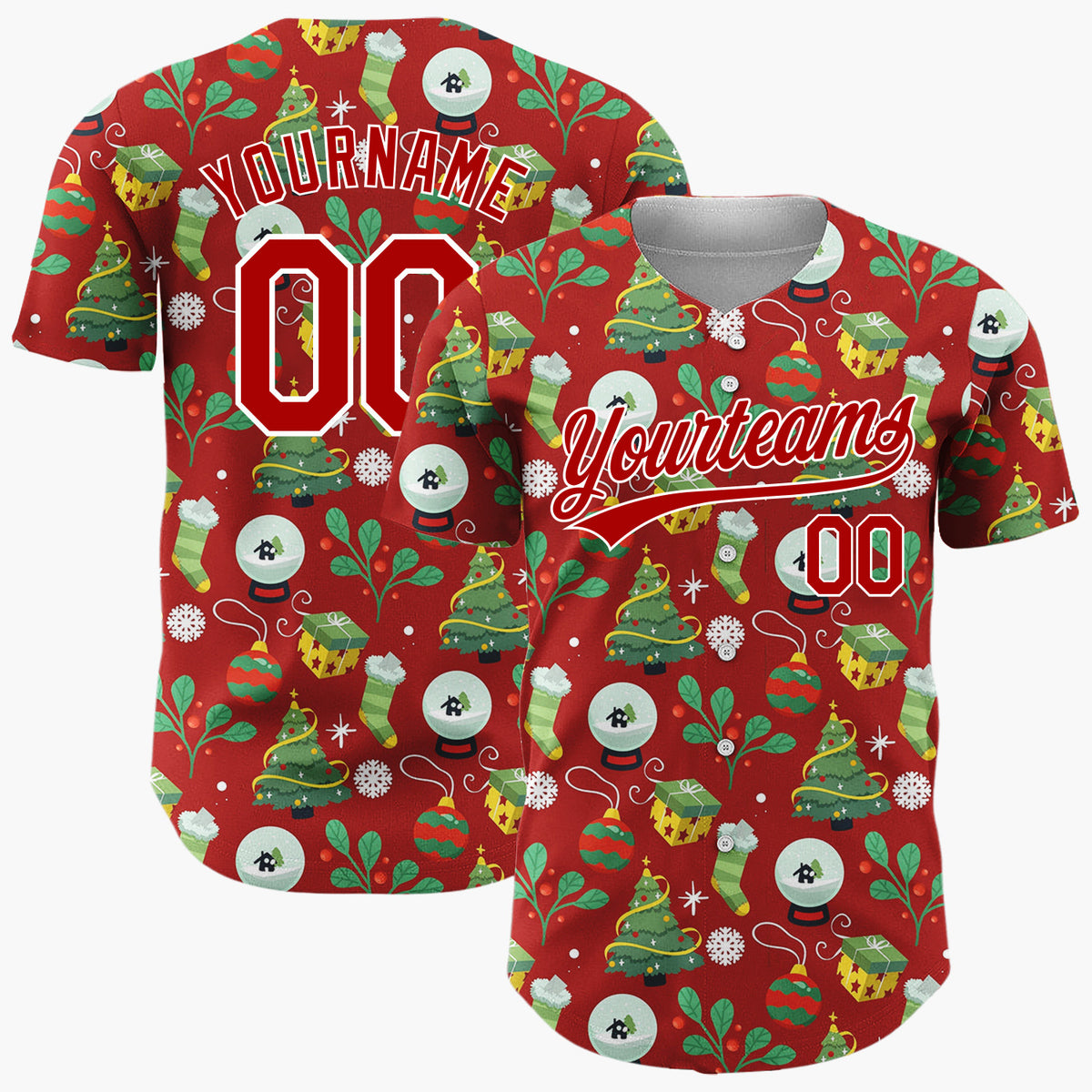 Custom Dark Red Christmas Ornaments Doodles Cartoon Halloween Pattern Christmas Baseball Jersey