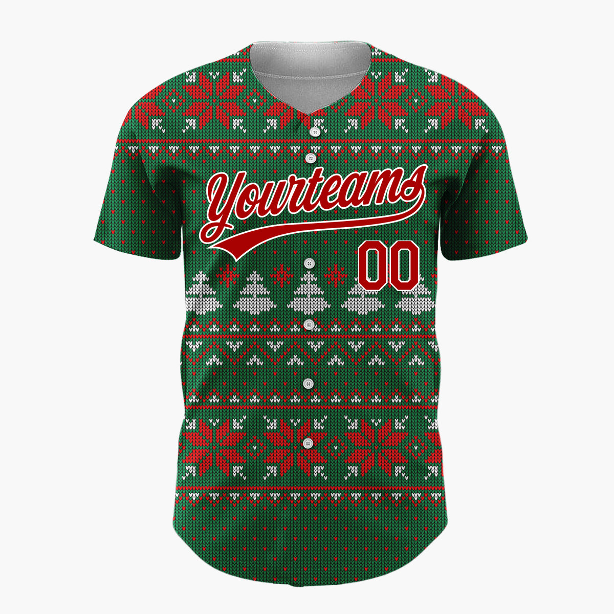Custom Green Red Snowflakes And Trees Classic Nordic Knit Pattern Christmas Baseball Jersey
