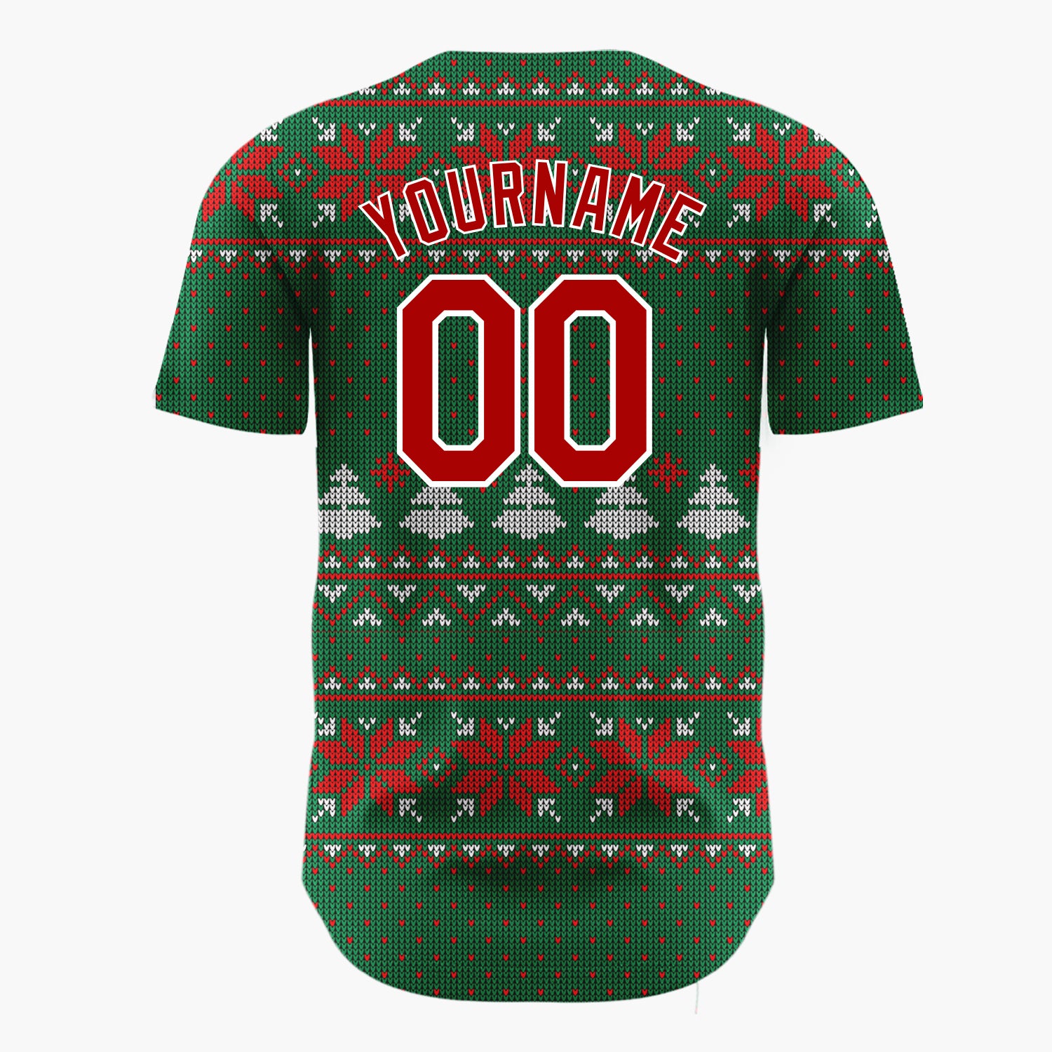 Custom Green Red Snowflakes And Trees Classic Nordic Knit Pattern Christmas Baseball Jersey