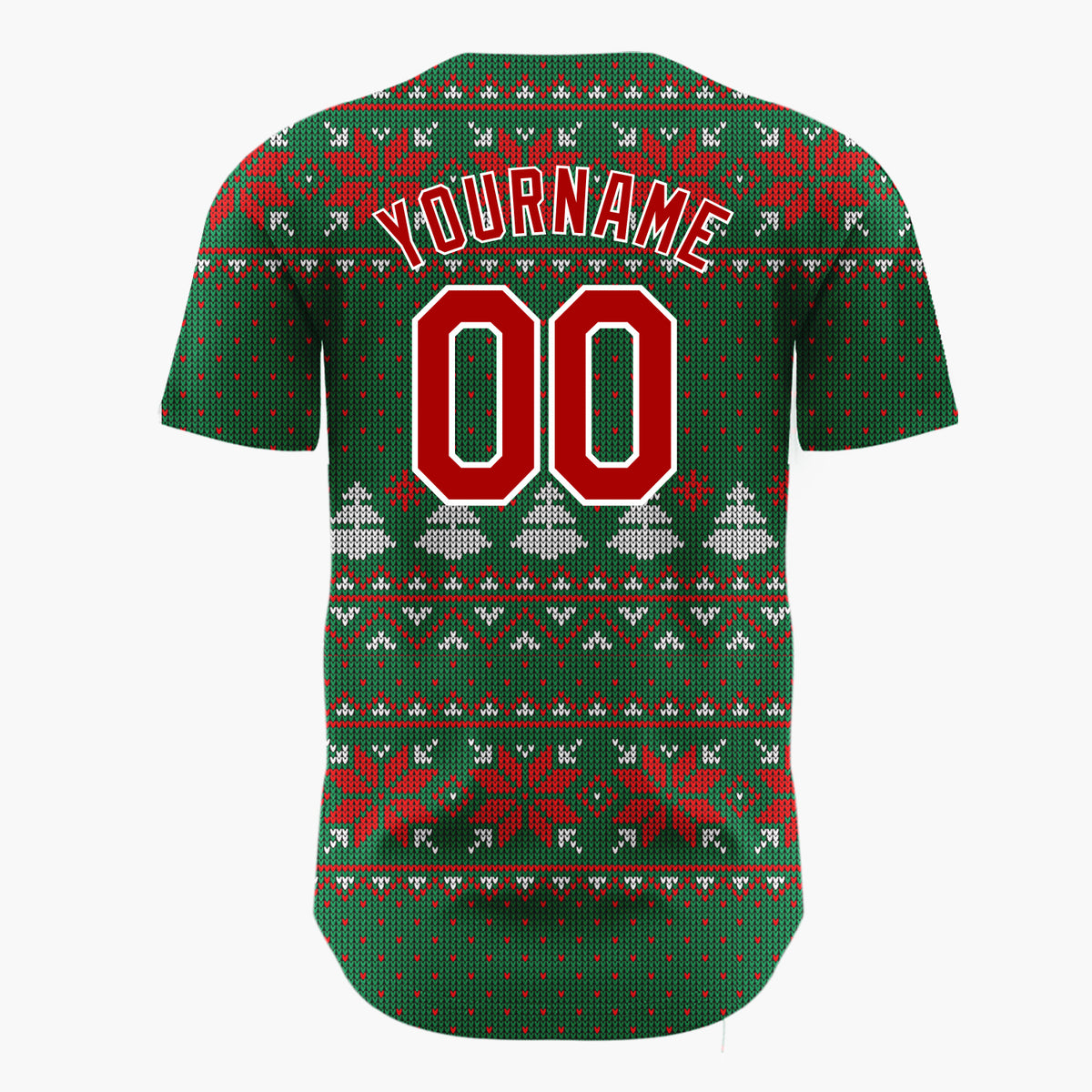Custom Green Red Snowflakes And Trees Classic Nordic Knit Pattern Christmas Baseball Jersey