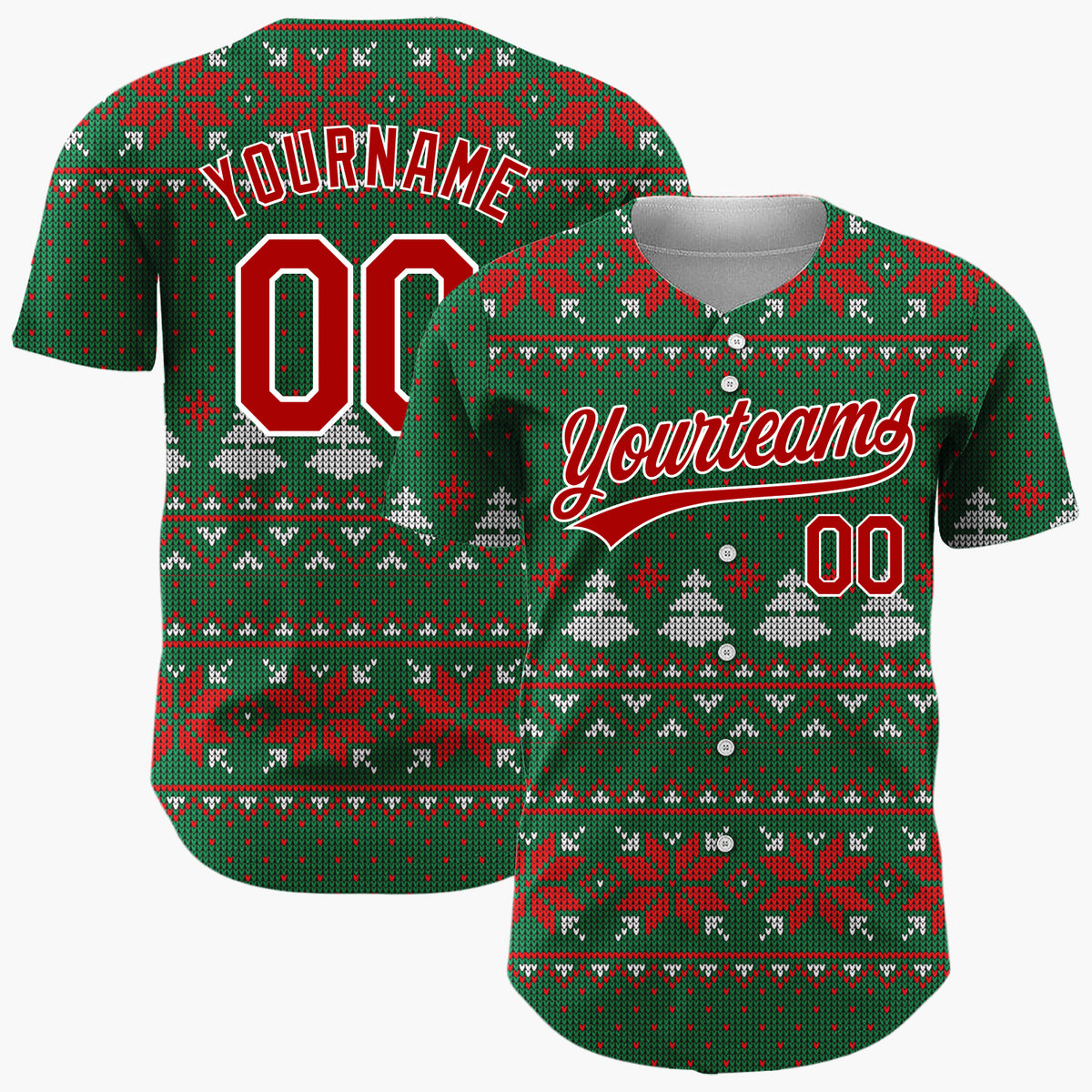Custom Green Red Snowflakes And Trees Classic Nordic Knit Pattern Christmas Baseball Jersey