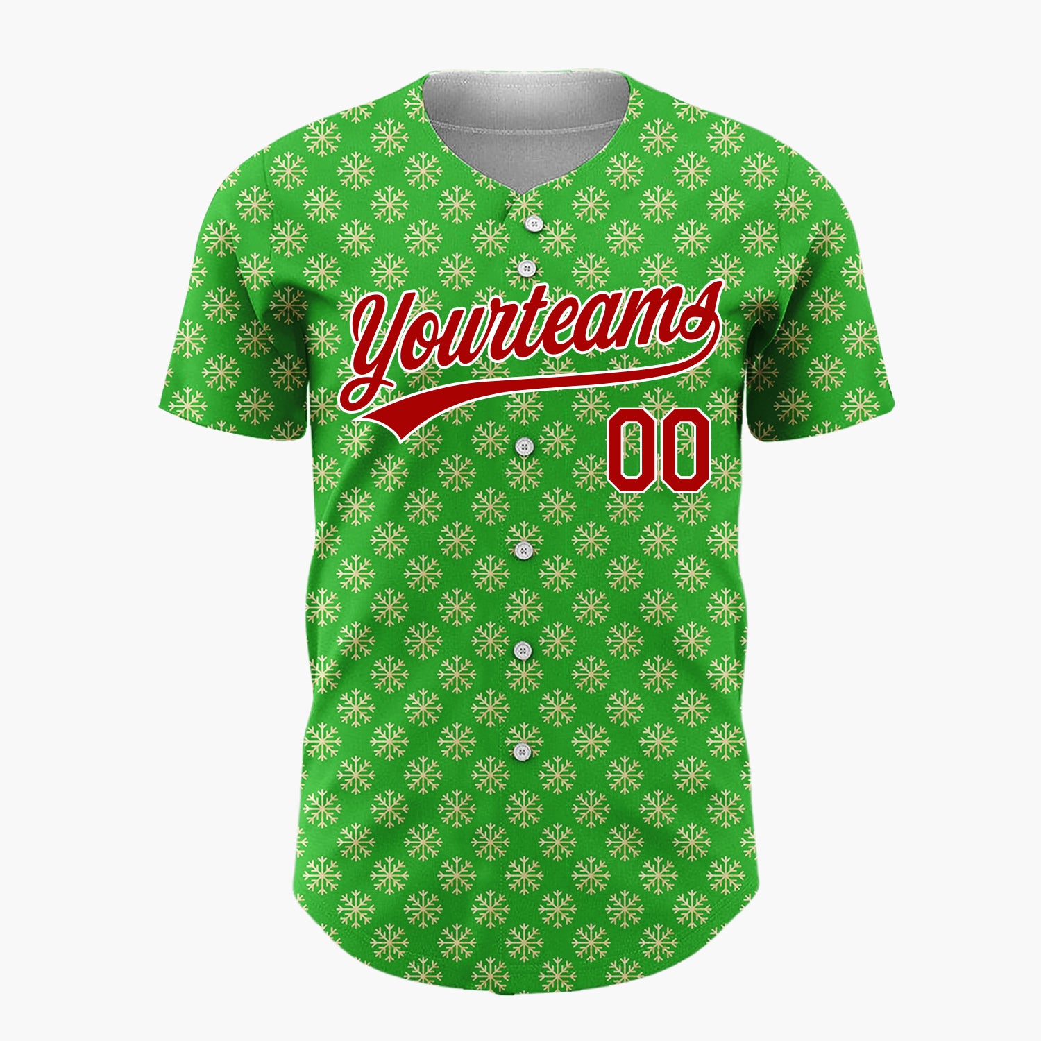 Custom Green Repeating Gold Snowflakes Festive Tiled Pattern Christmas Baseball Jersey