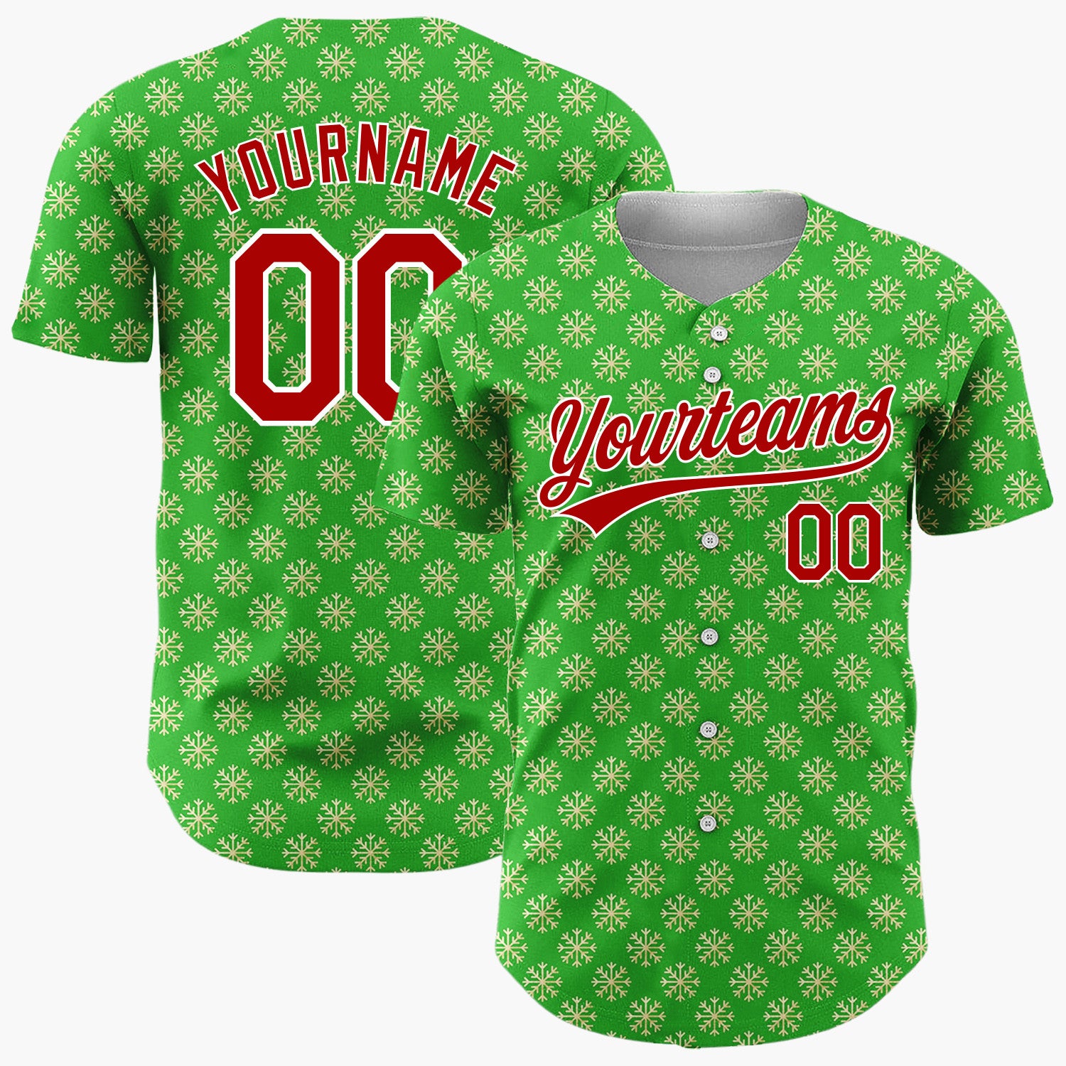 Custom Green Repeating Gold Snowflakes Festive Tiled Pattern Christmas Baseball Jersey