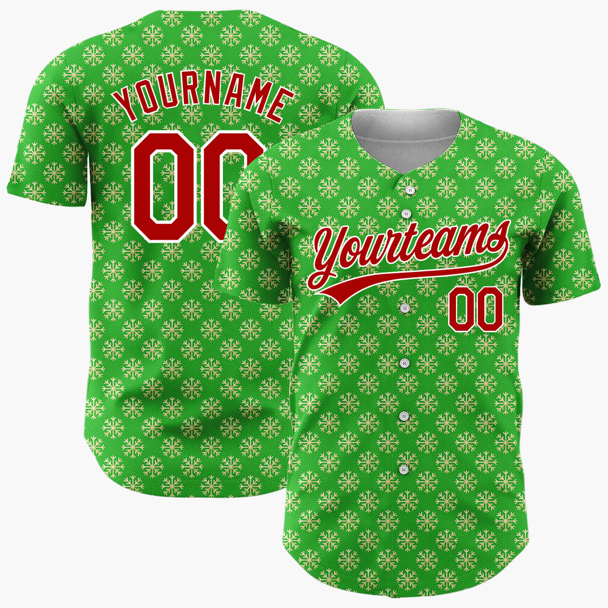 Custom Green Repeating Gold Snowflakes Festive Tiled Pattern Christmas Baseball Jersey