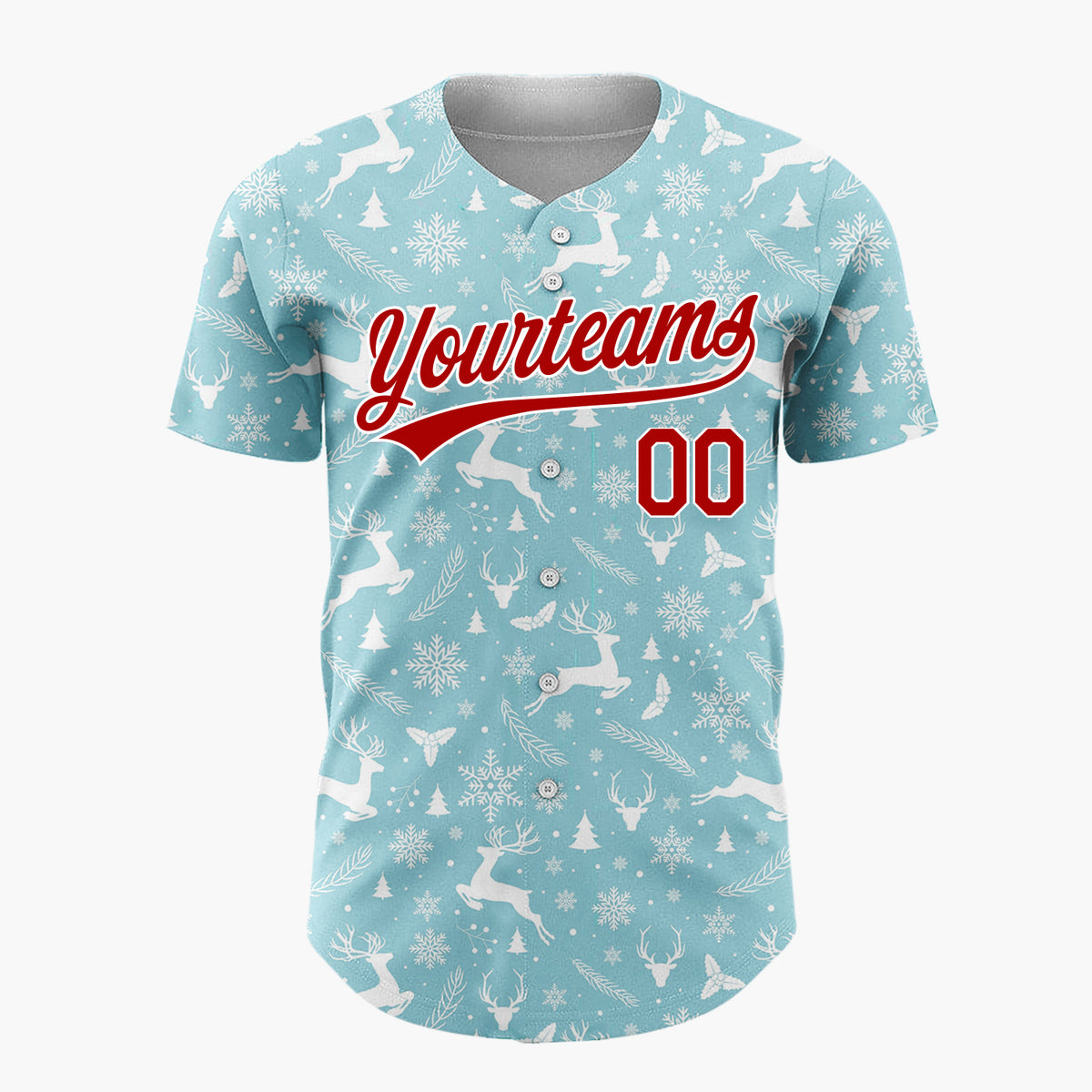 Custom Light Blue White Reindeer Trees And Snowflakes Minimal Christmas Baseball Jersey