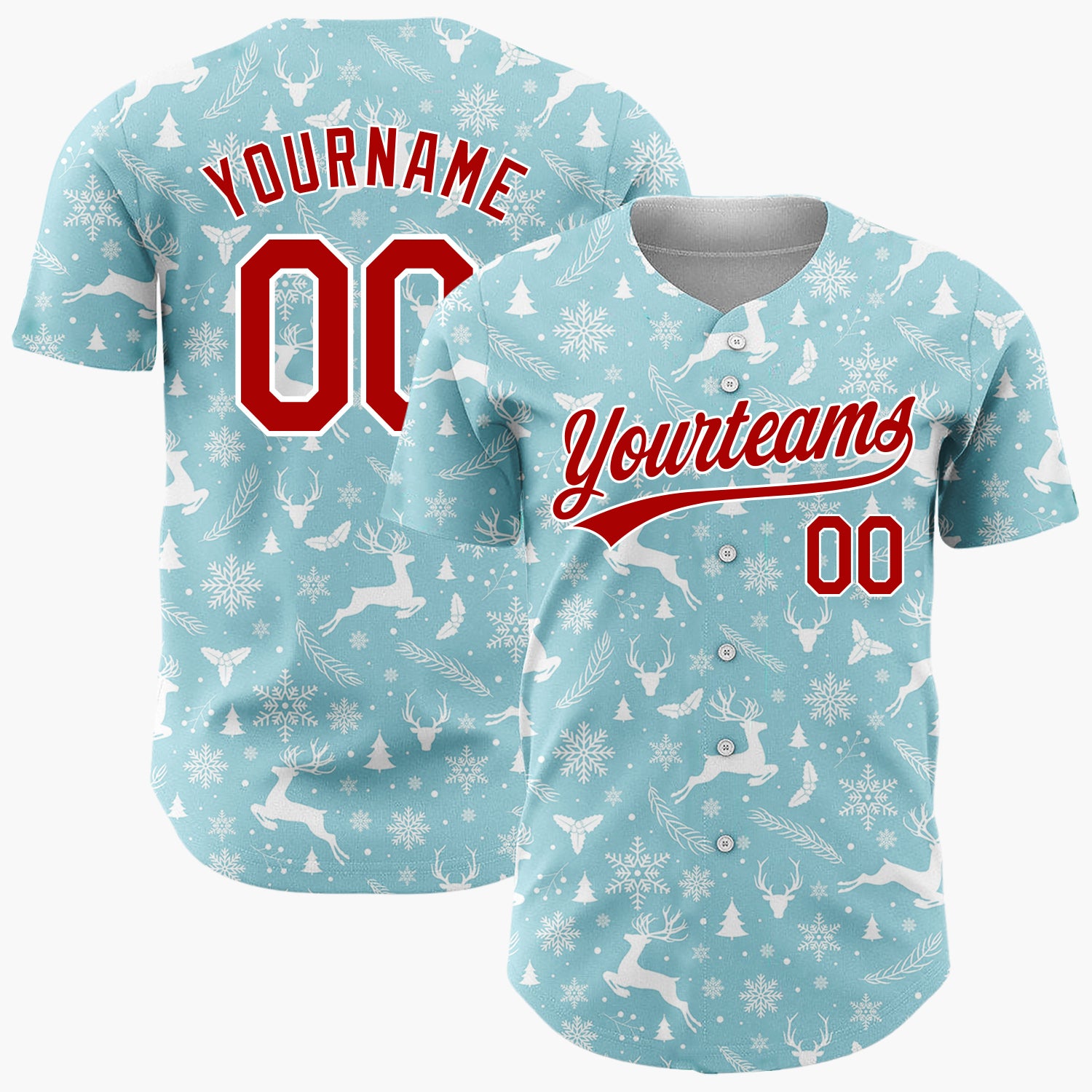 Custom Light Blue White Reindeer Trees And Snowflakes Minimal Christmas Baseball Jersey