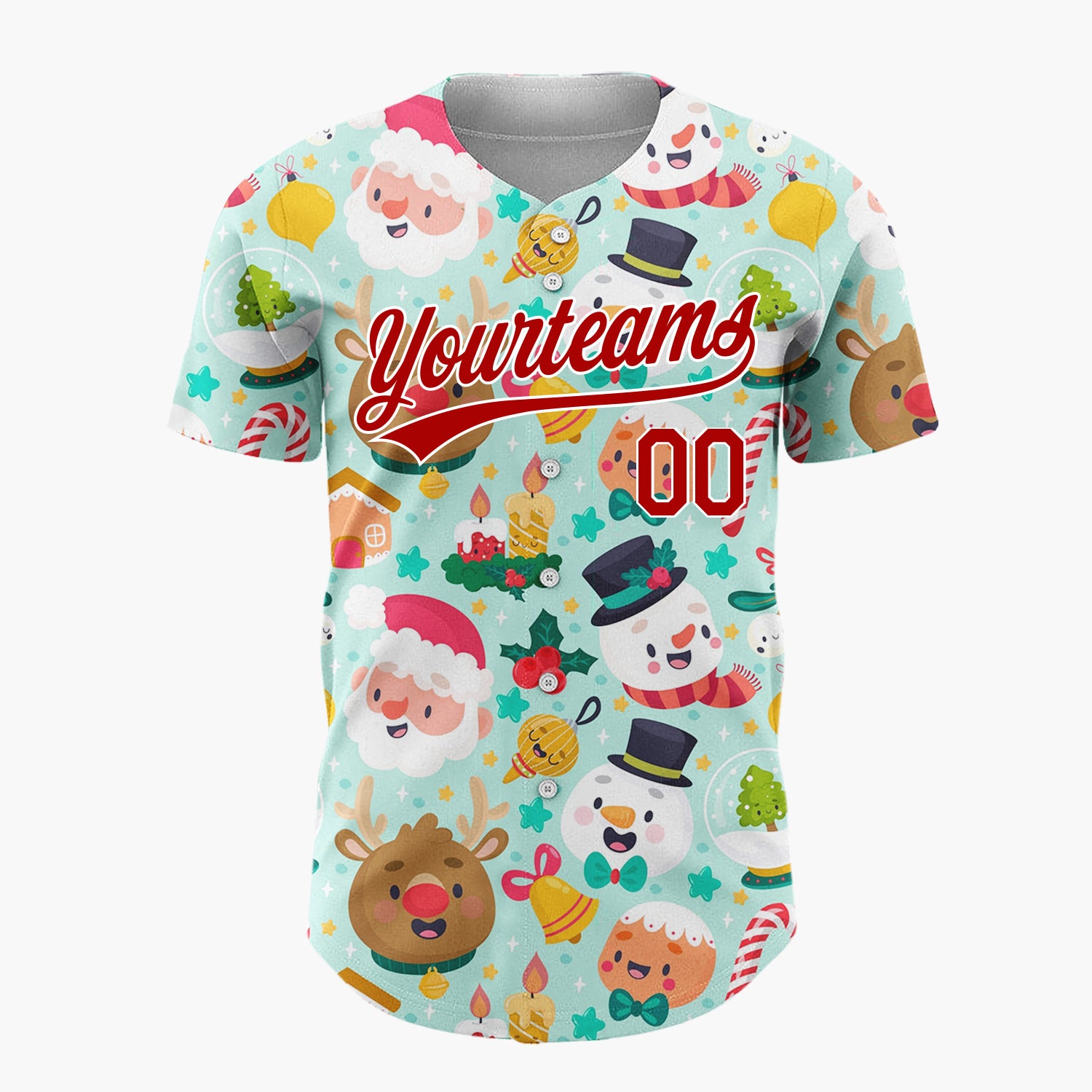 Custom Mint Green Santa Snowmen And Reindeers Cute Holiday Pattern Christmas Baseball Jersey