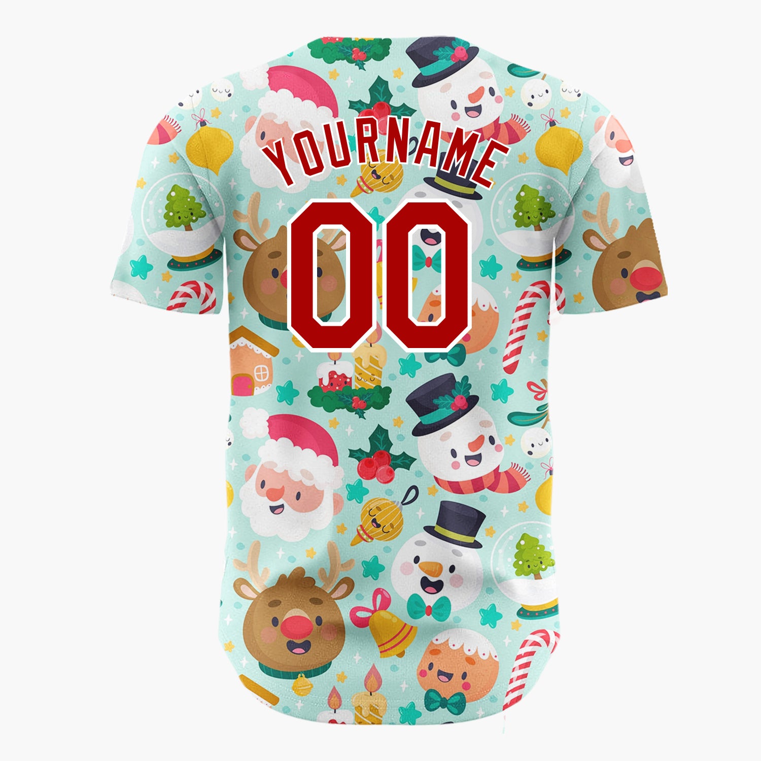 Custom Mint Green Santa Snowmen And Reindeers Cute Holiday Pattern Christmas Baseball Jersey