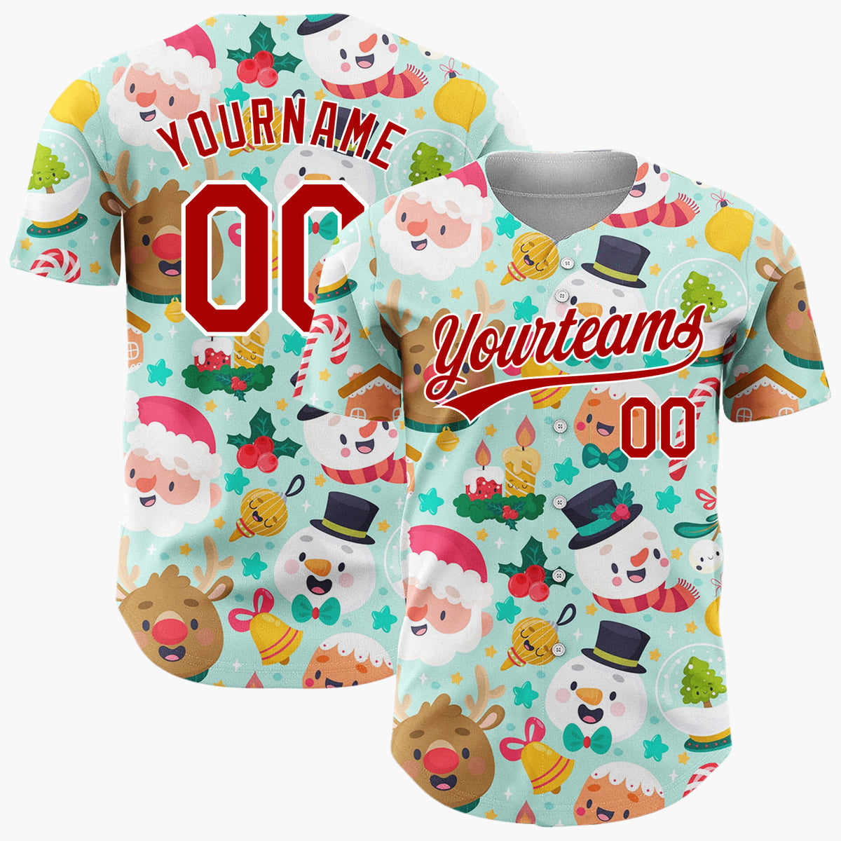 Custom Mint Green Santa Snowmen And Reindeers Cute Holiday Pattern Christmas Baseball Jersey