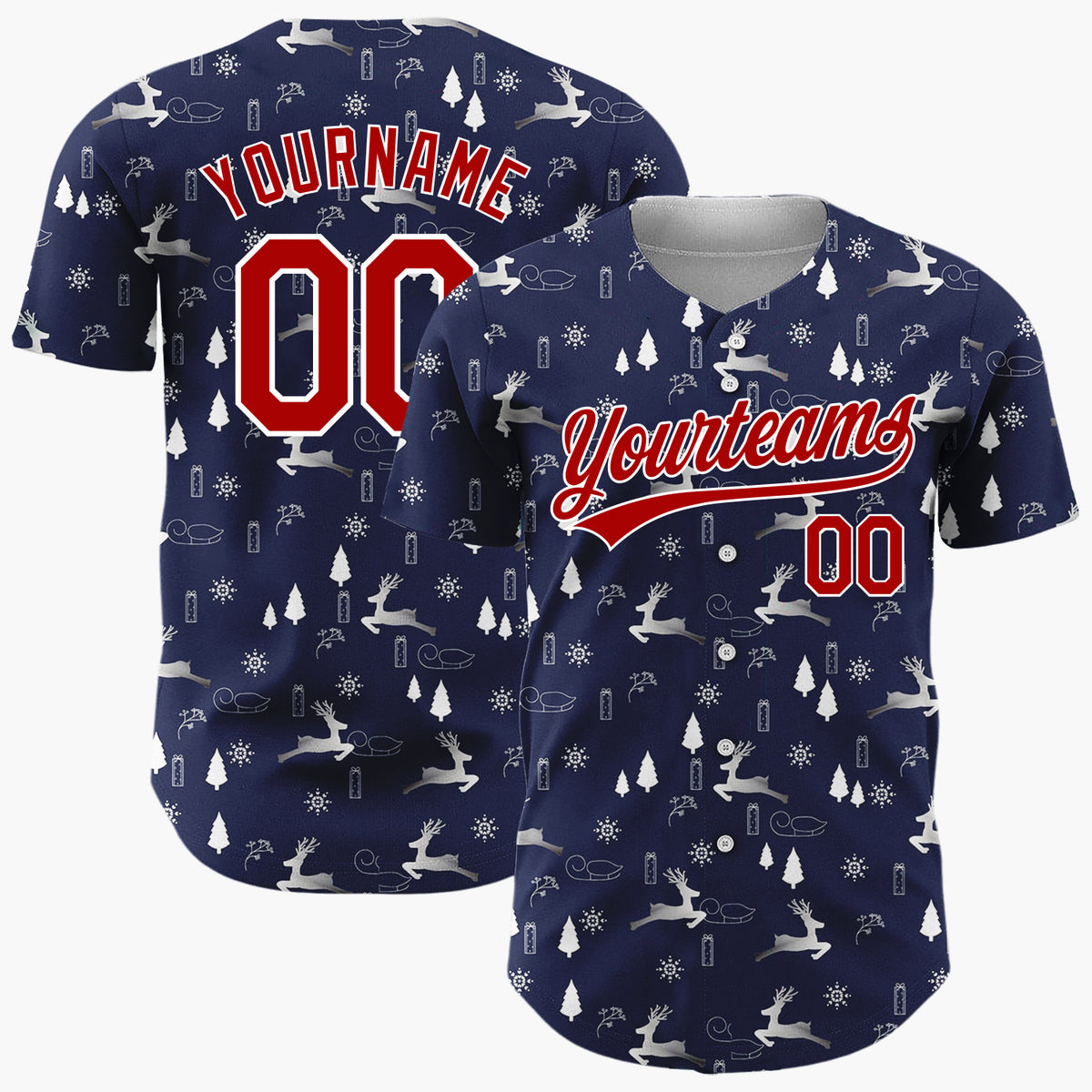 Custom Navy Blue Reindeer Snowflake Silver Christmas Baseball Jersey
