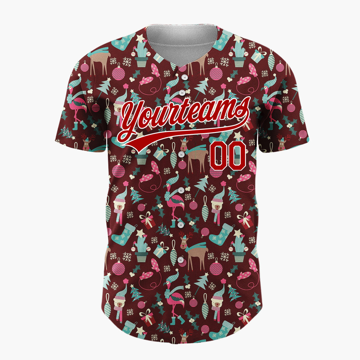 Custom Maroon Teal Flamingos And Reindeer Quirky Christmas Baseball Jersey