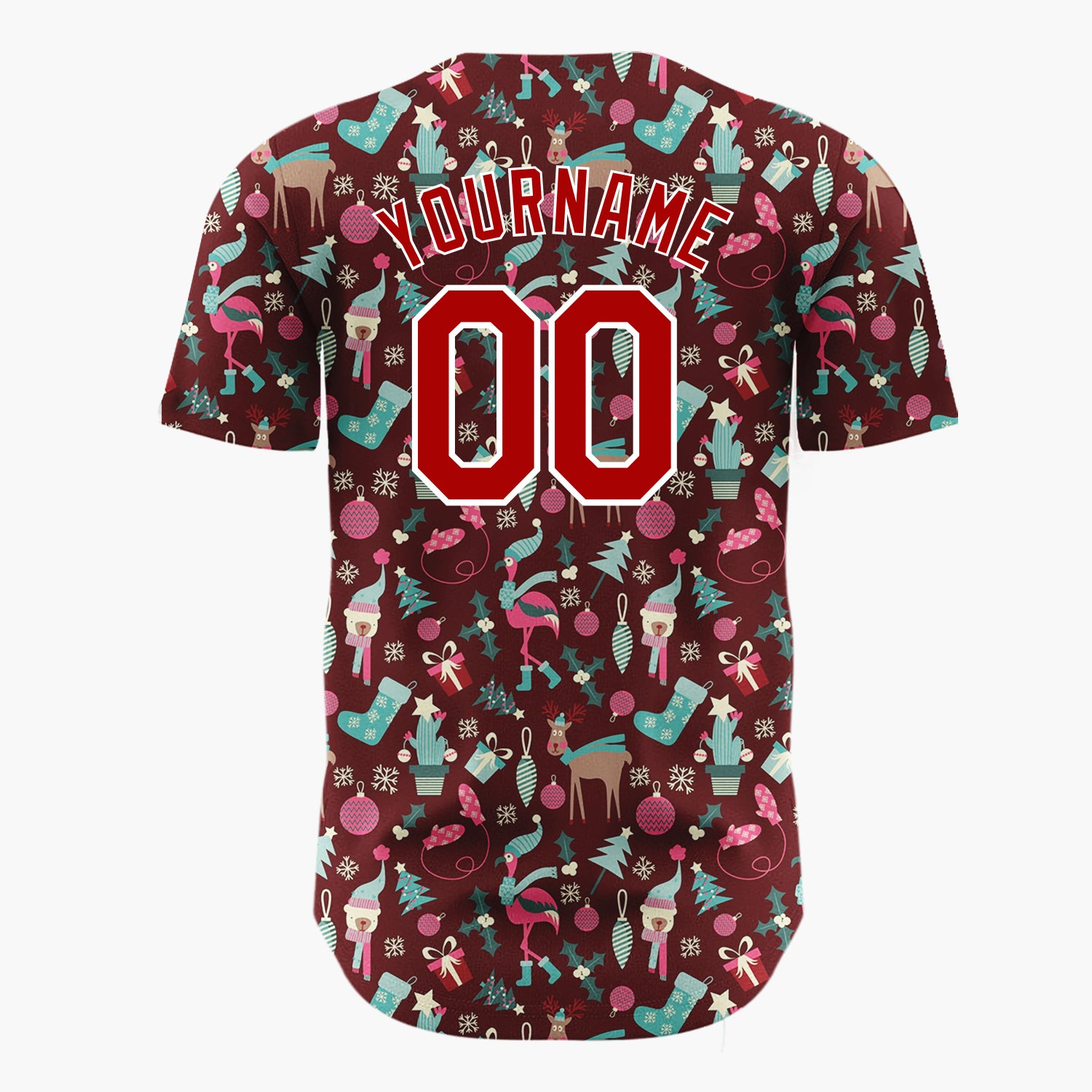 Custom Maroon Teal Flamingos And Reindeer Quirky Christmas Baseball Jersey