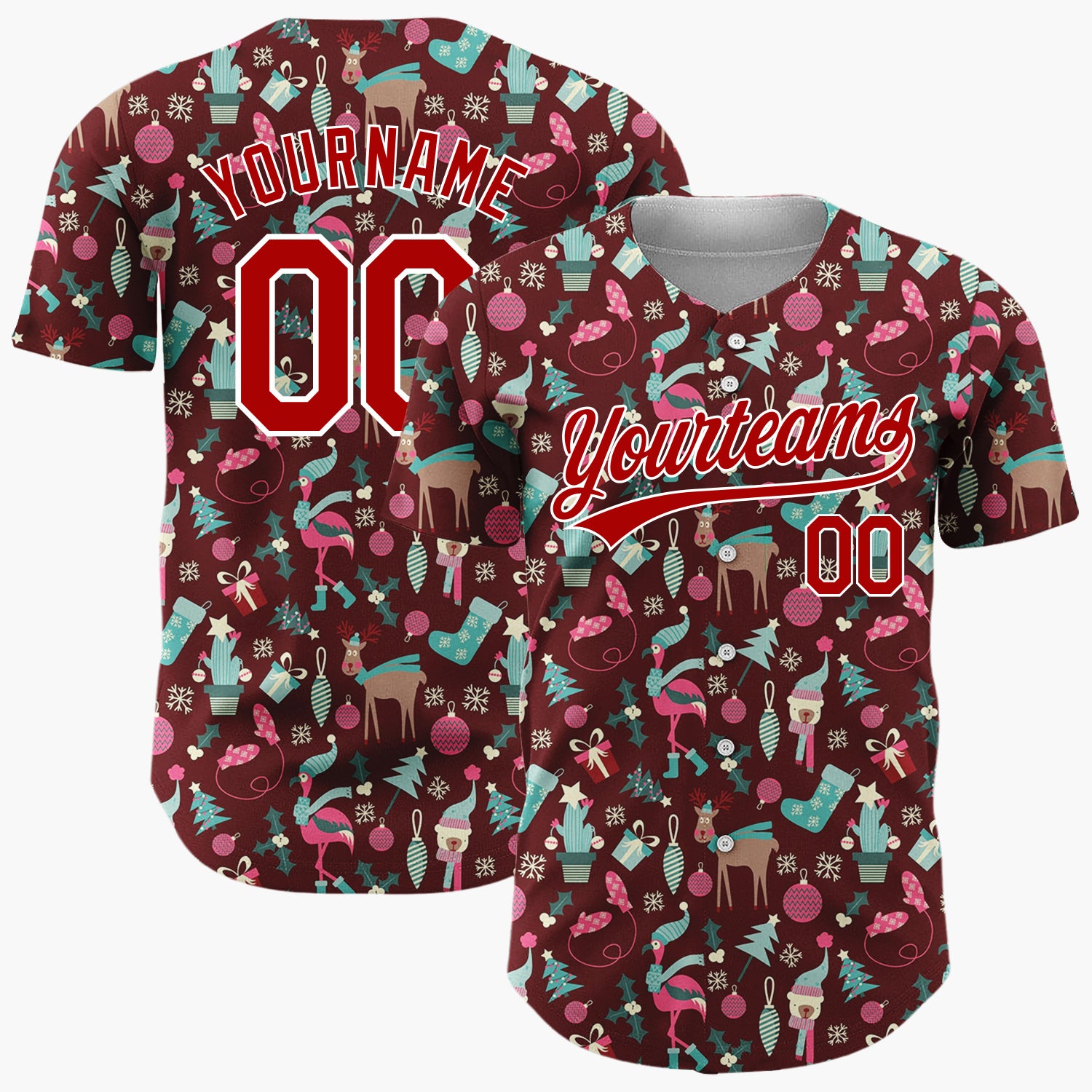 Custom Maroon Teal Flamingos And Reindeer Quirky Christmas Baseball Jersey