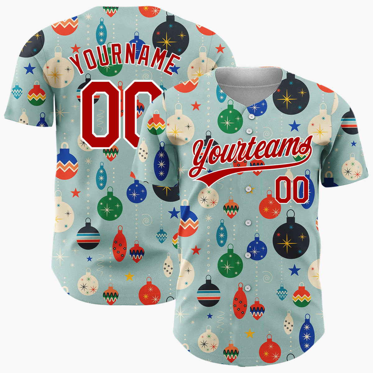 Custom Muted Blue Retro Mid Century Christmas Ornament Pattern Christmas Baseball Jersey