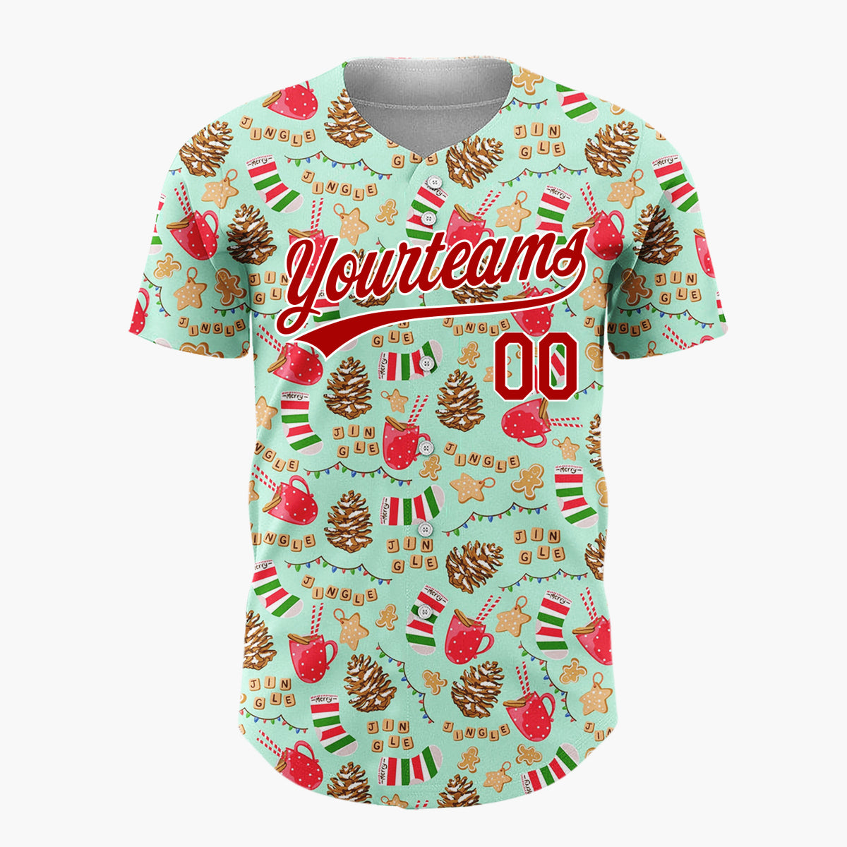 Custom Mint Red Gingerbread Socks And Mugs Christmas Doodle Pattern Christmas Baseball Jersey