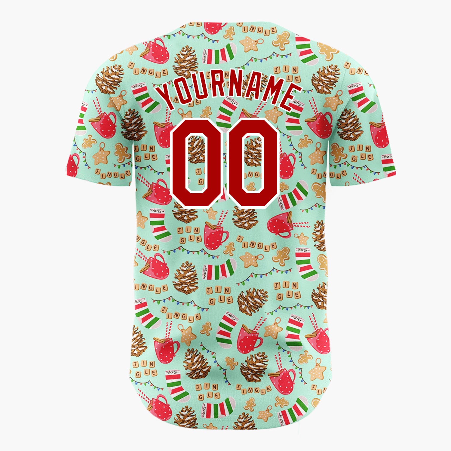 Custom Mint Red Gingerbread Socks And Mugs Christmas Doodle Pattern Christmas Baseball Jersey