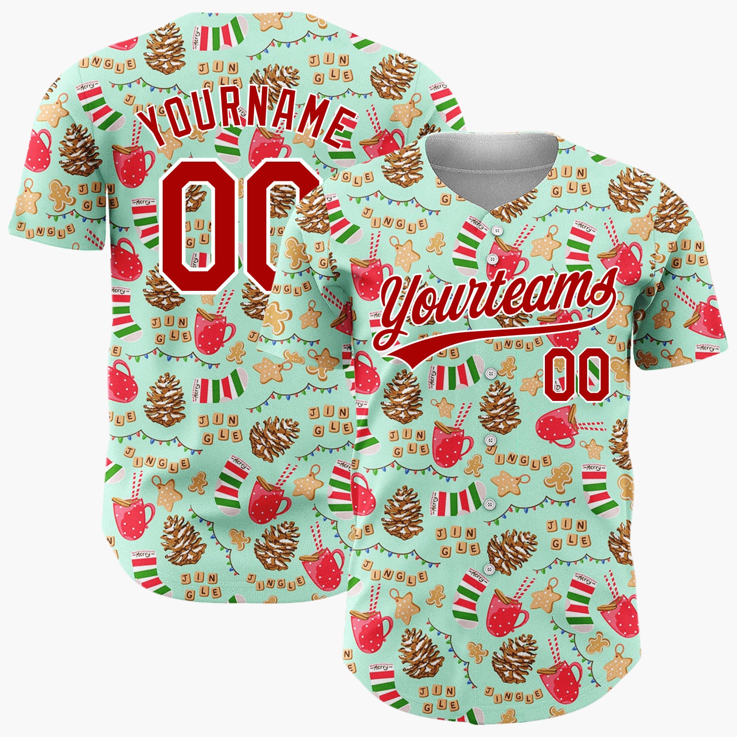 Custom Mint Red Gingerbread Socks And Mugs Christmas Doodle Pattern Christmas Baseball Jersey