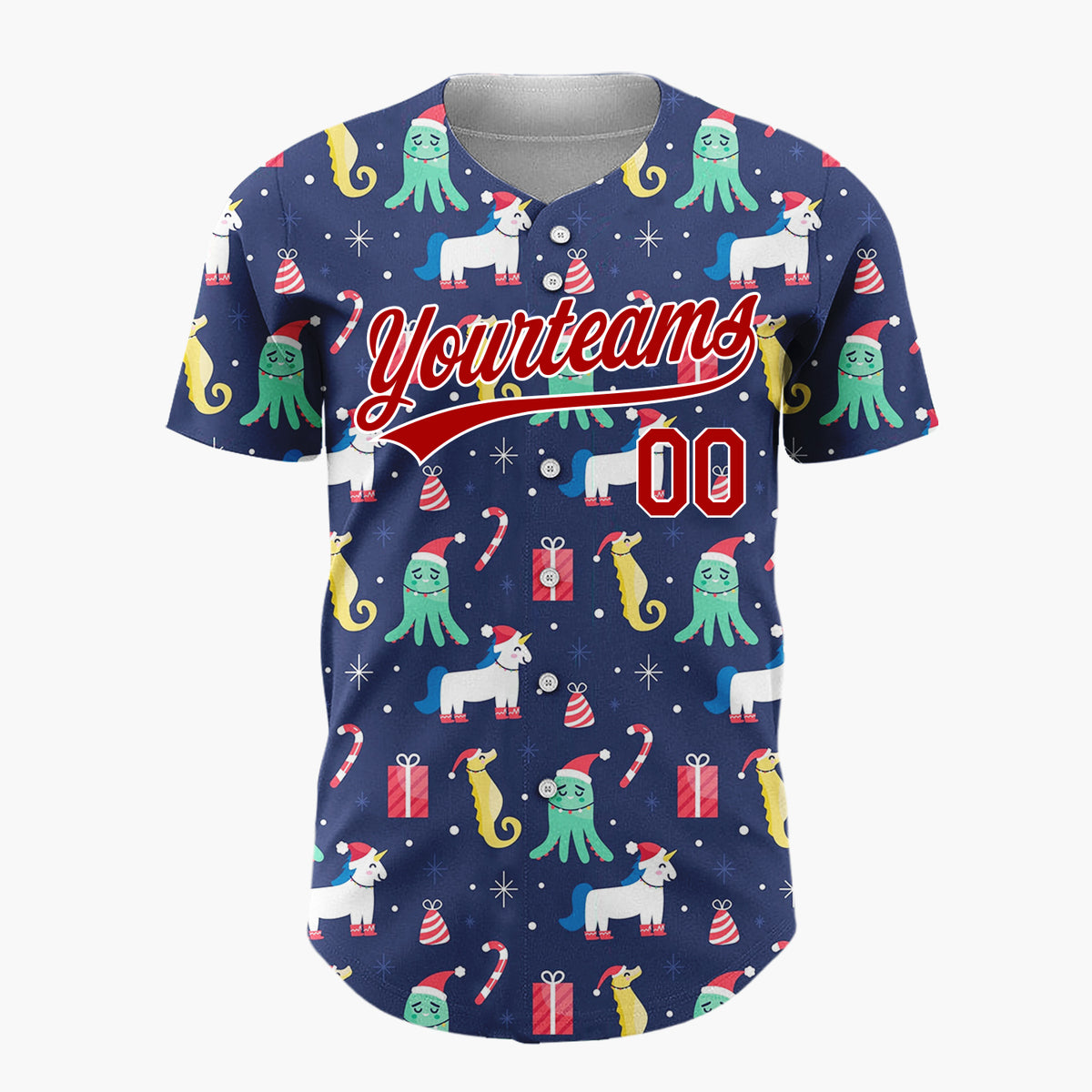 Custom Navy Blue Seahorses Octopus And Unicorns Underwater Christmas Baseball Jersey