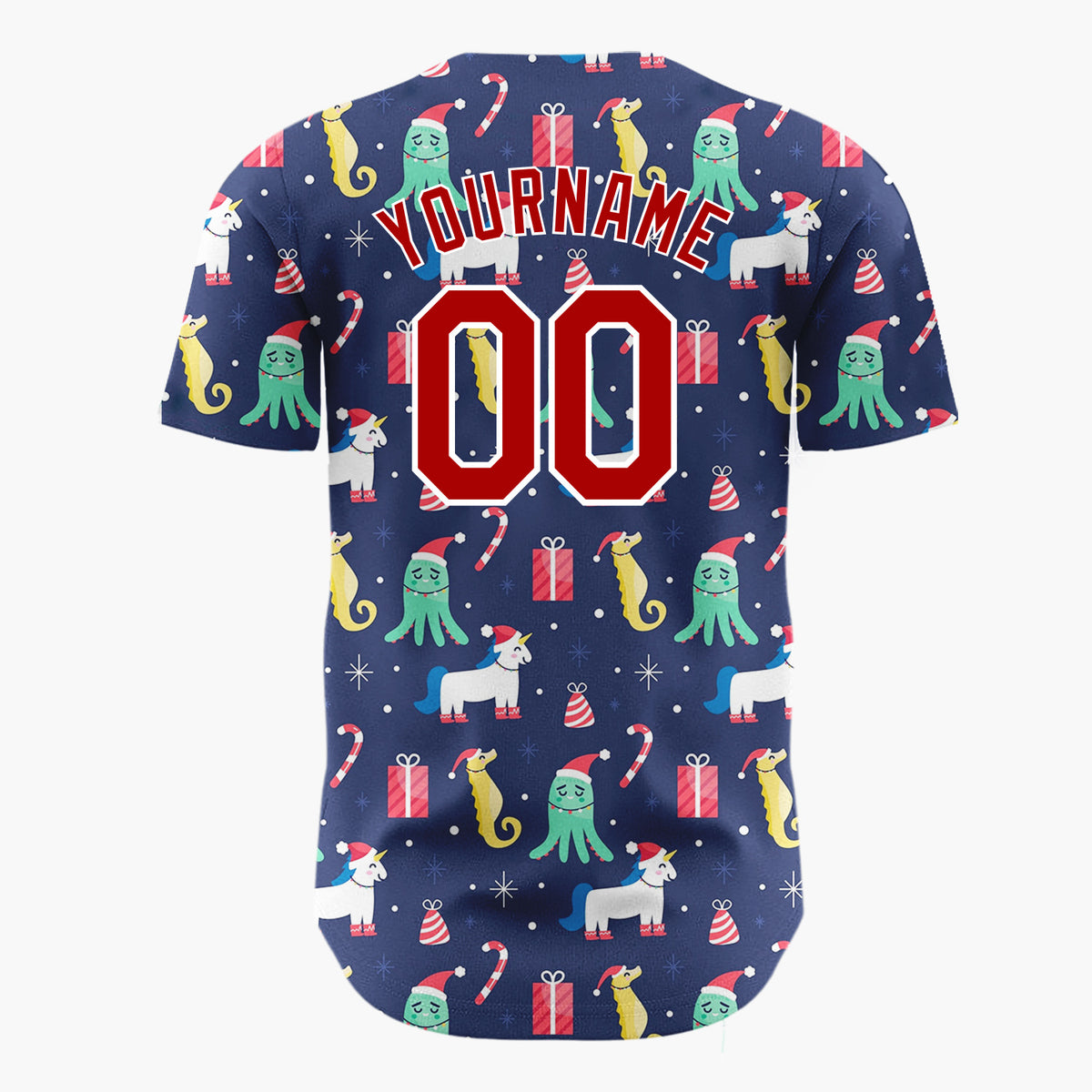 Custom Navy Blue Seahorses Octopus And Unicorns Underwater Christmas Baseball Jersey