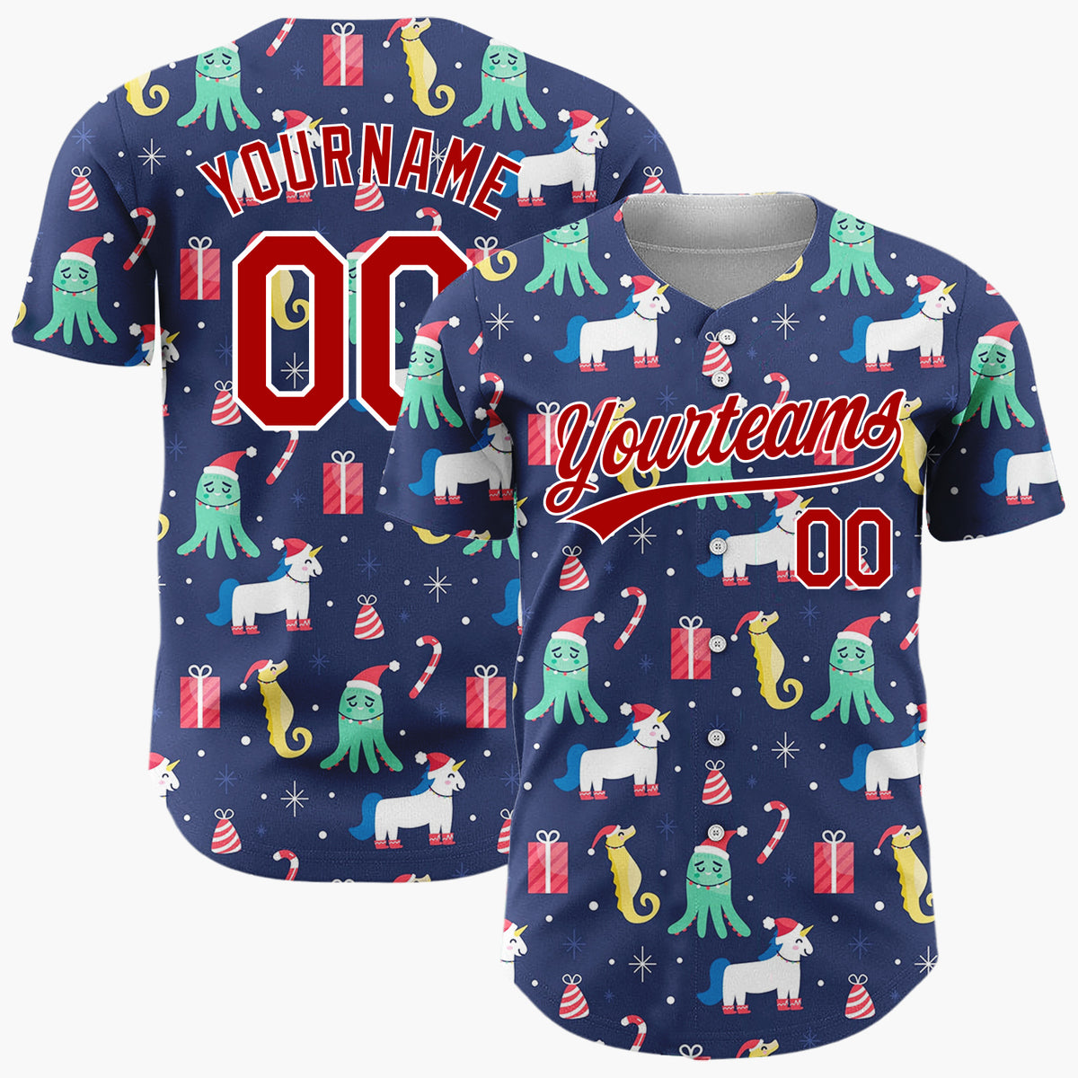 Custom Navy Blue Seahorses Octopus And Unicorns Underwater Christmas Baseball Jersey