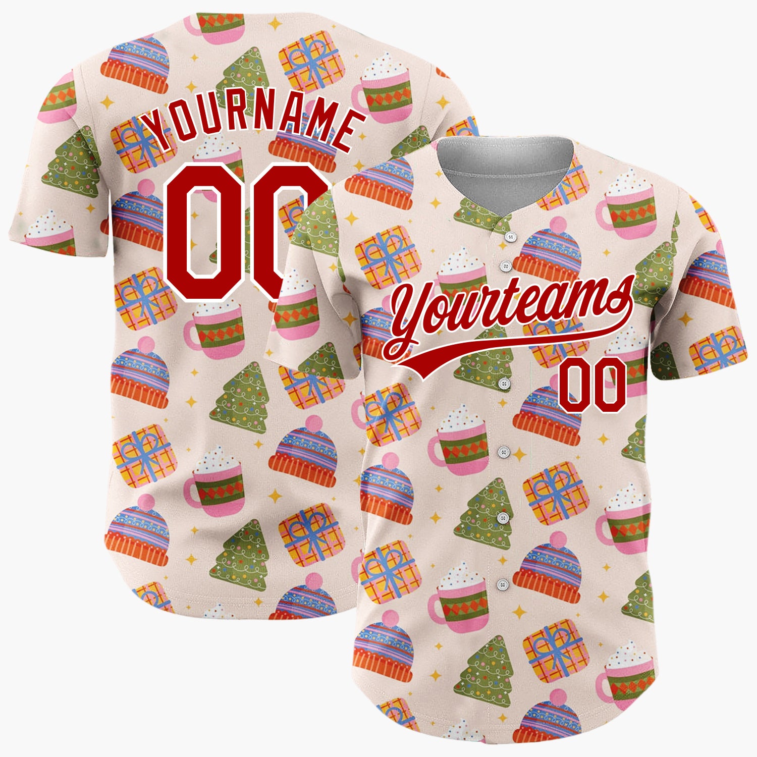 Custom Light Pink Green Red Cozy Hats And Cocoa Christmas Baseball Jersey