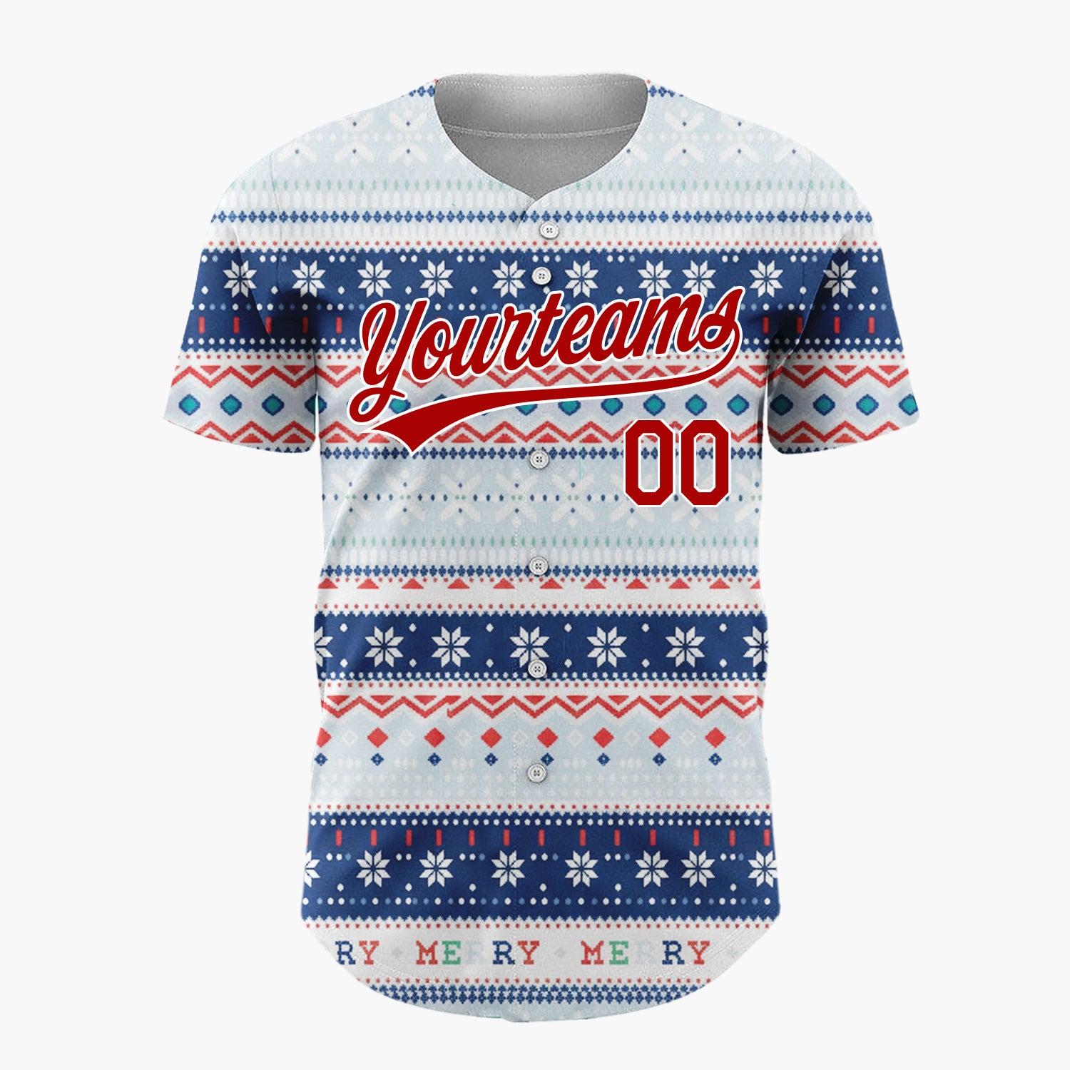 Custom Navy Blue Red Snowflakes And Geometric Stripes Fair Isle Pattern Christmas Baseball Jersey