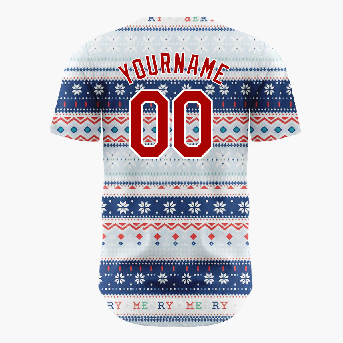 Custom Navy Blue Red Snowflakes And Geometric Stripes Fair Isle Pattern Christmas Baseball Jersey