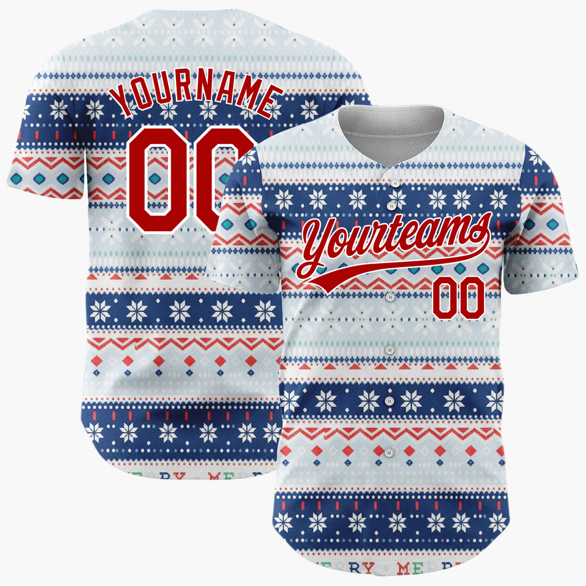 Custom Navy Blue Red Snowflakes And Geometric Stripes Fair Isle Pattern Christmas Baseball Jersey