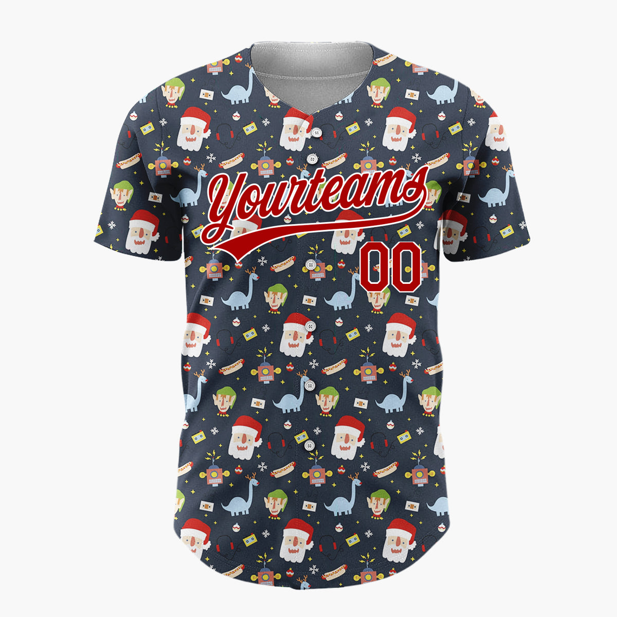 Custom Navy Blue Red Santa Elves And Dinosaurs Fun Retro Christmas Baseball Jersey