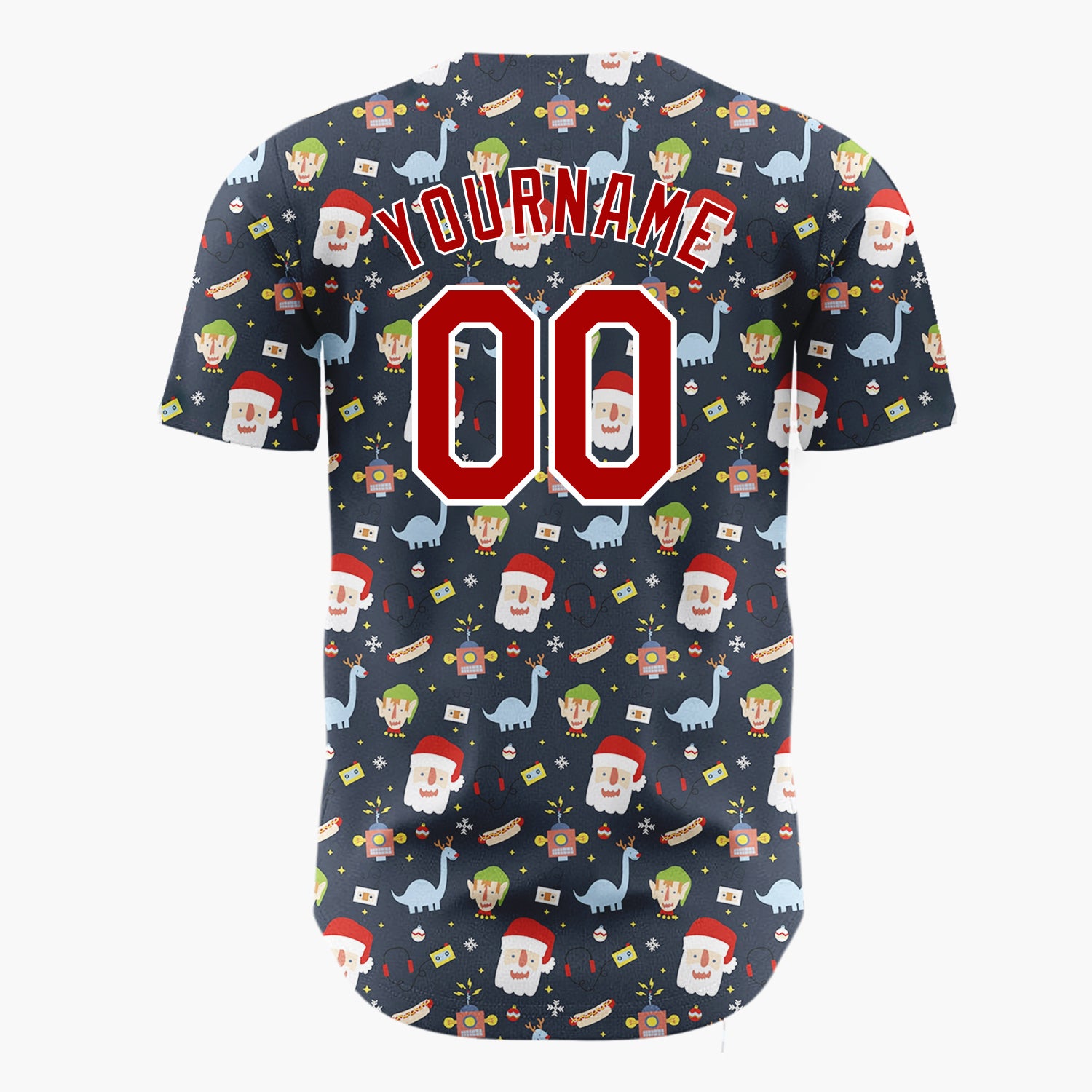Custom Navy Blue Red Santa Elves And Dinosaurs Fun Retro Christmas Baseball Jersey