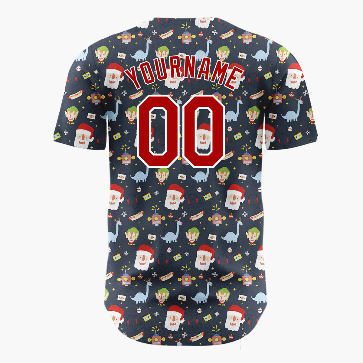 Custom Navy Blue Red Santa Elves And Dinosaurs Fun Retro Christmas Baseball Jersey