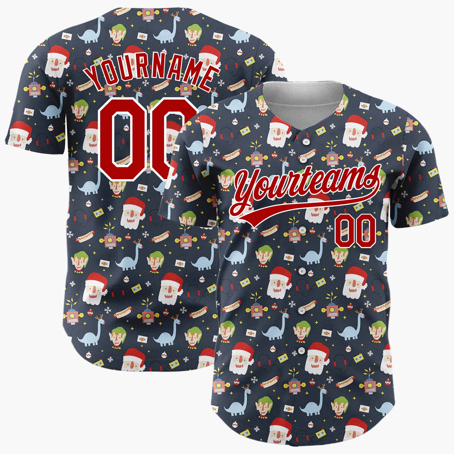 Custom Navy Blue Red Santa Elves And Dinosaurs Fun Retro Christmas Baseball Jersey