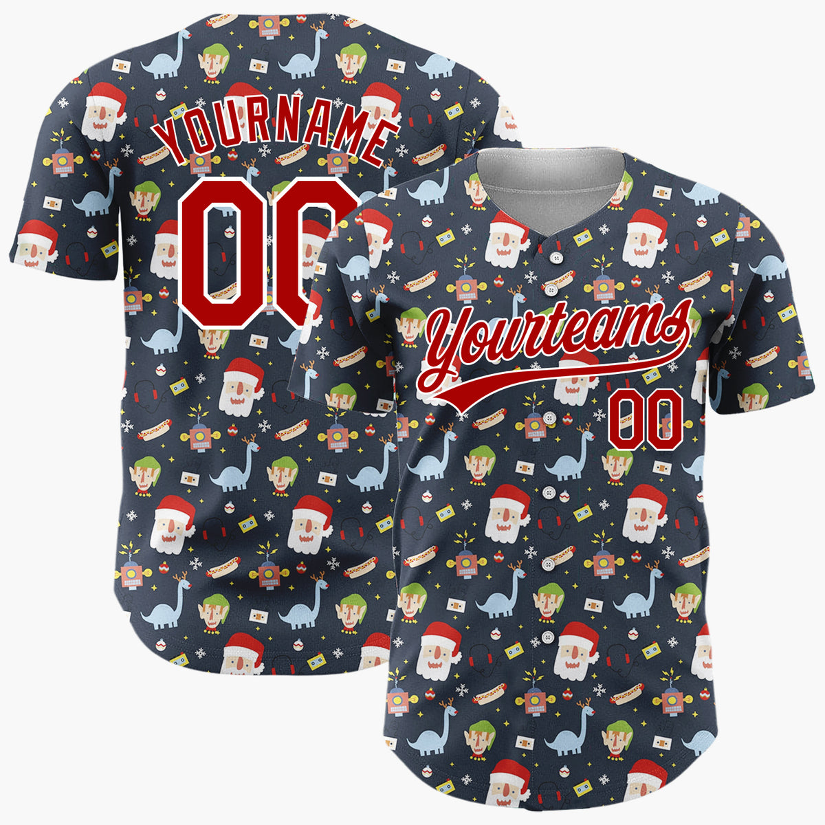 Custom Navy Blue Red Santa Elves And Dinosaurs Fun Retro Christmas Baseball Jersey