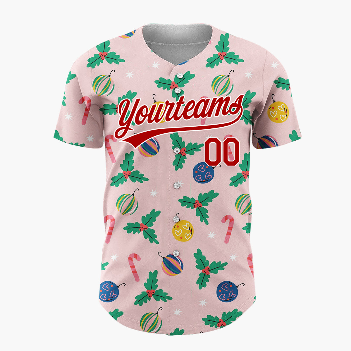 Custom Light Pink Christmas Holly And Candy Cane Folk Pattern Christmas Baseball Jersey