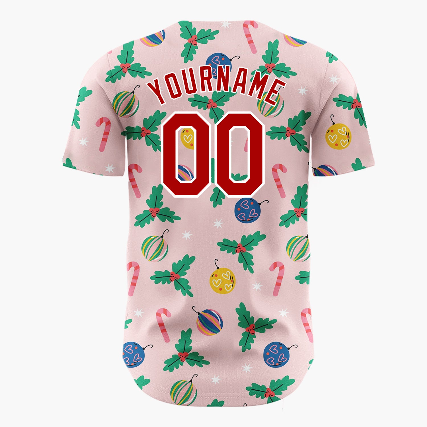 Custom Light Pink Christmas Holly And Candy Cane Folk Pattern Christmas Baseball Jersey